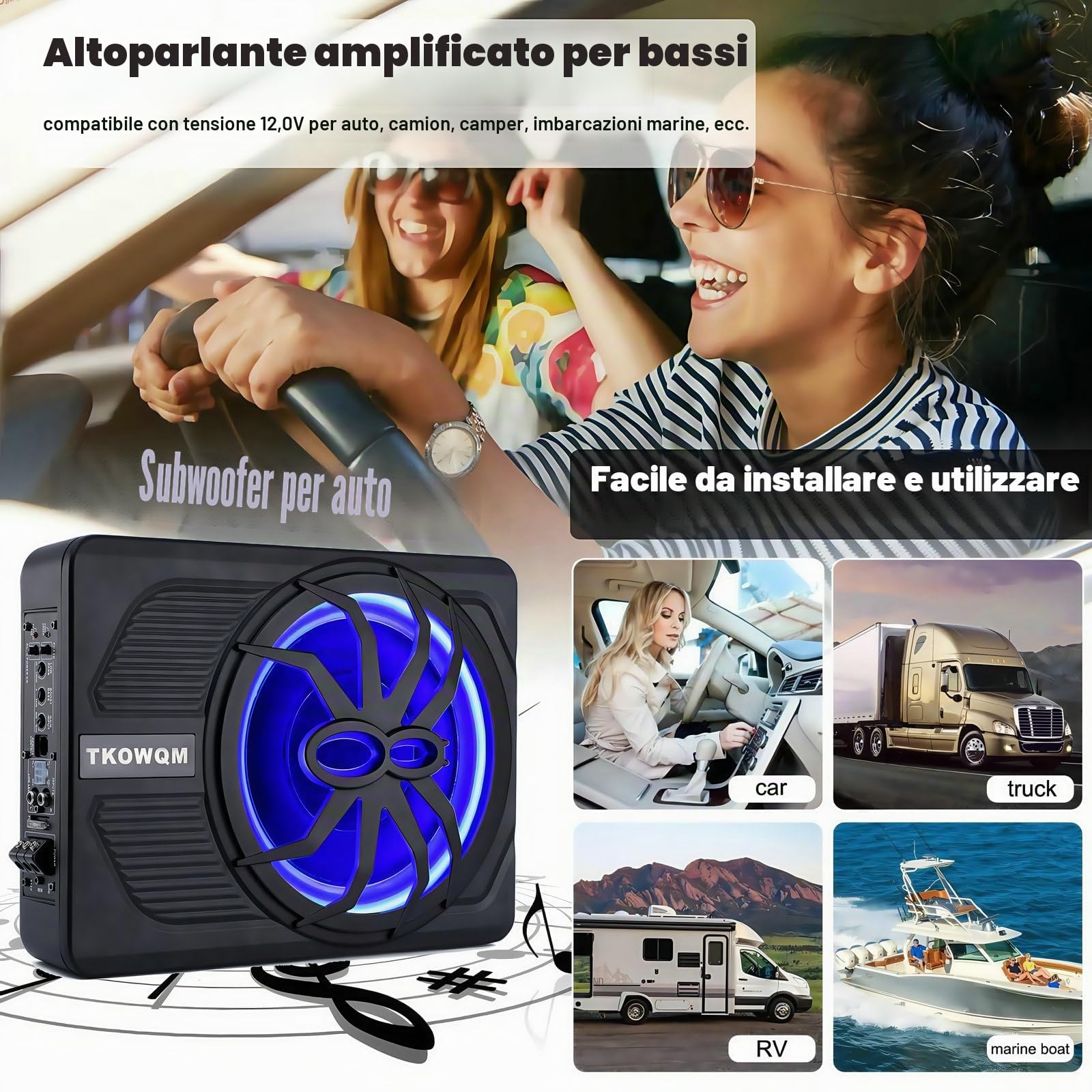 Subwoofer per Auto, 10" 800W Sottile Sotto il Sedile Powered Subwoofer, Built-in Car/pista Amplificatore Audio con luce Ambientale a LED blu