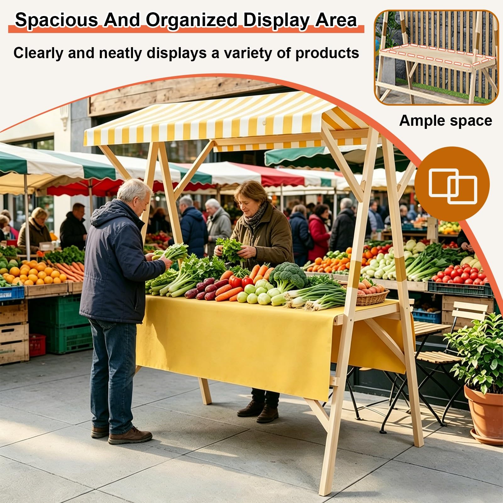 Carretto per Alimenti Pieghevole in Legno con Tettuccio, Banchetto Stile Mercato, Carretto per Venditori Ambulanti, per Eventi E Festival(White,120cm/47.2in)