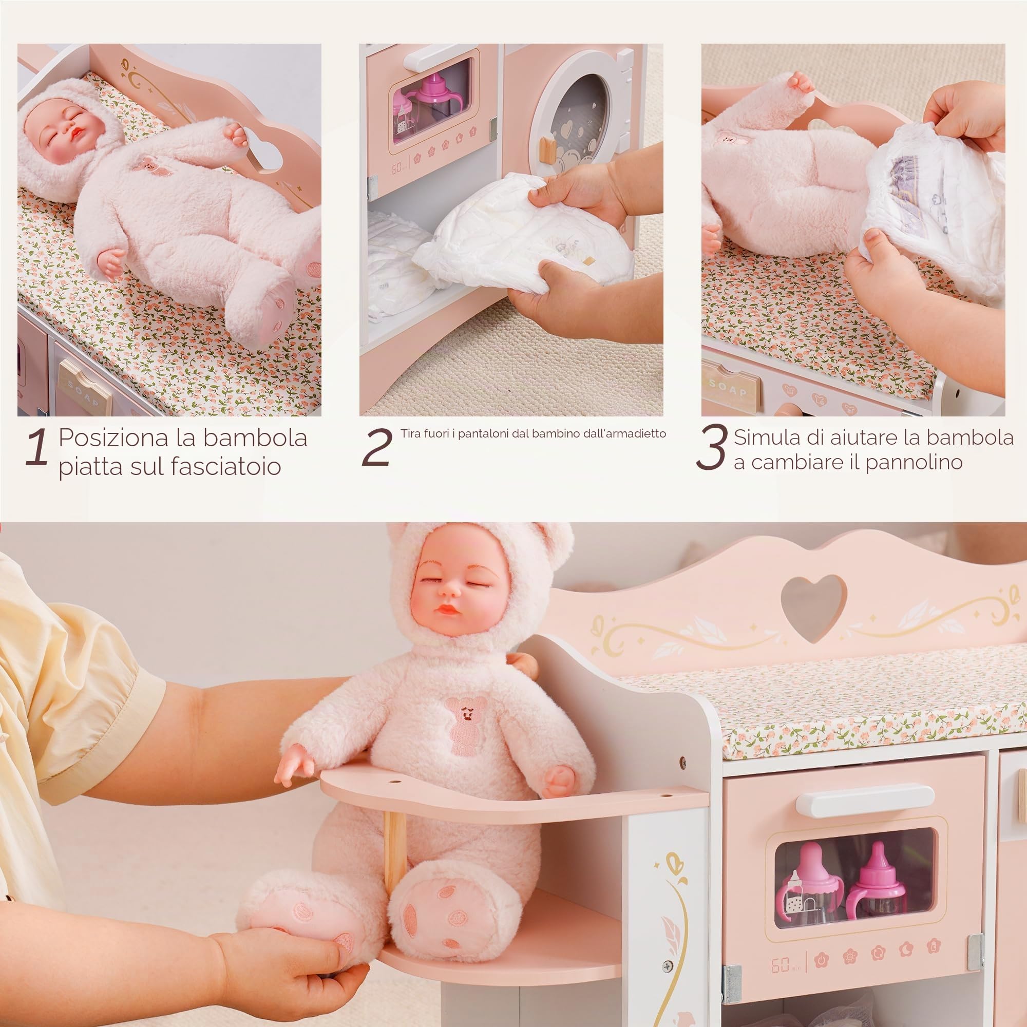 ROBUD Fasciatoio per bambole in legno, fasciatoio per bambole 4 in 1 con lavatrice e sterilizzatore per biberon, custodia, accessori per bambole sotto i 20", regalo per bambini rosa