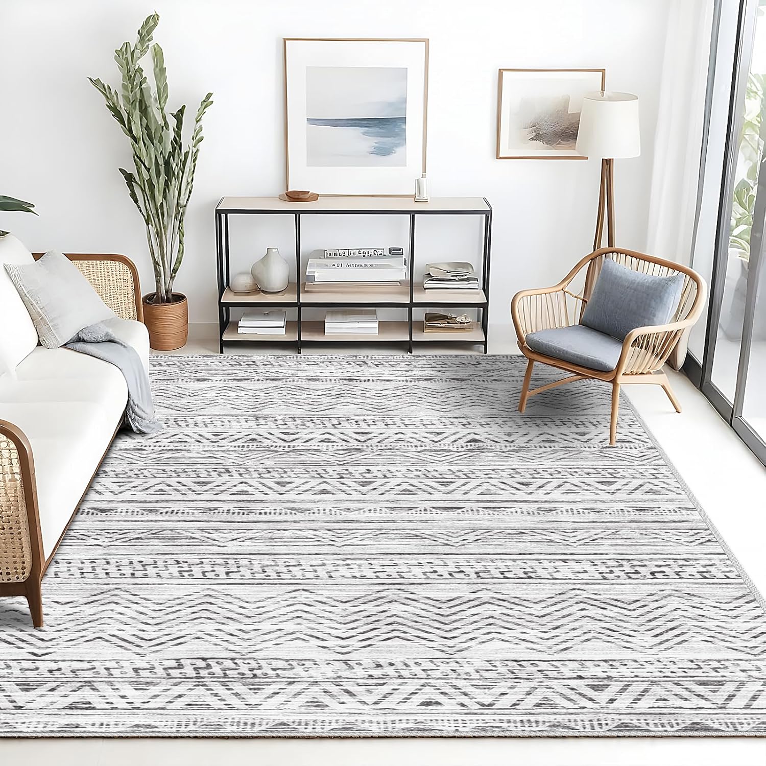 Moroccan 8x10 Washable Area Rug: Large Soft Modern Farmhouse Area Rugs for Living Room Bedroom Under Dinning Table Machine Geometric Non-Slip Neutral Indoor Floor Carpet for Home Office Grey 8'x10'
