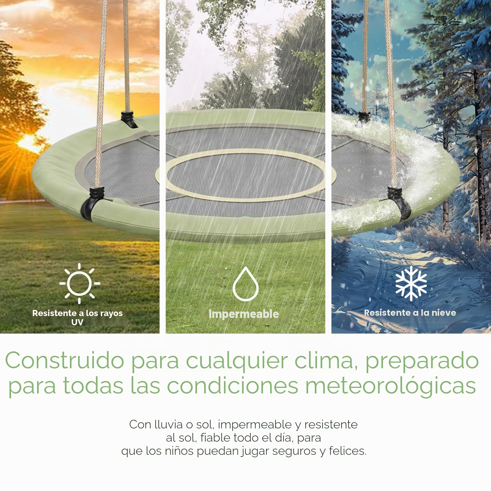 Columpio Nido 120 cm para Niños y Adultos, Columpio de Jardín Exterior e Interior con Cuerda Ajustable, Gran Resistencia hasta 300 kg, Asiento Redondo Robusto y Segurom, Verde grisáceo