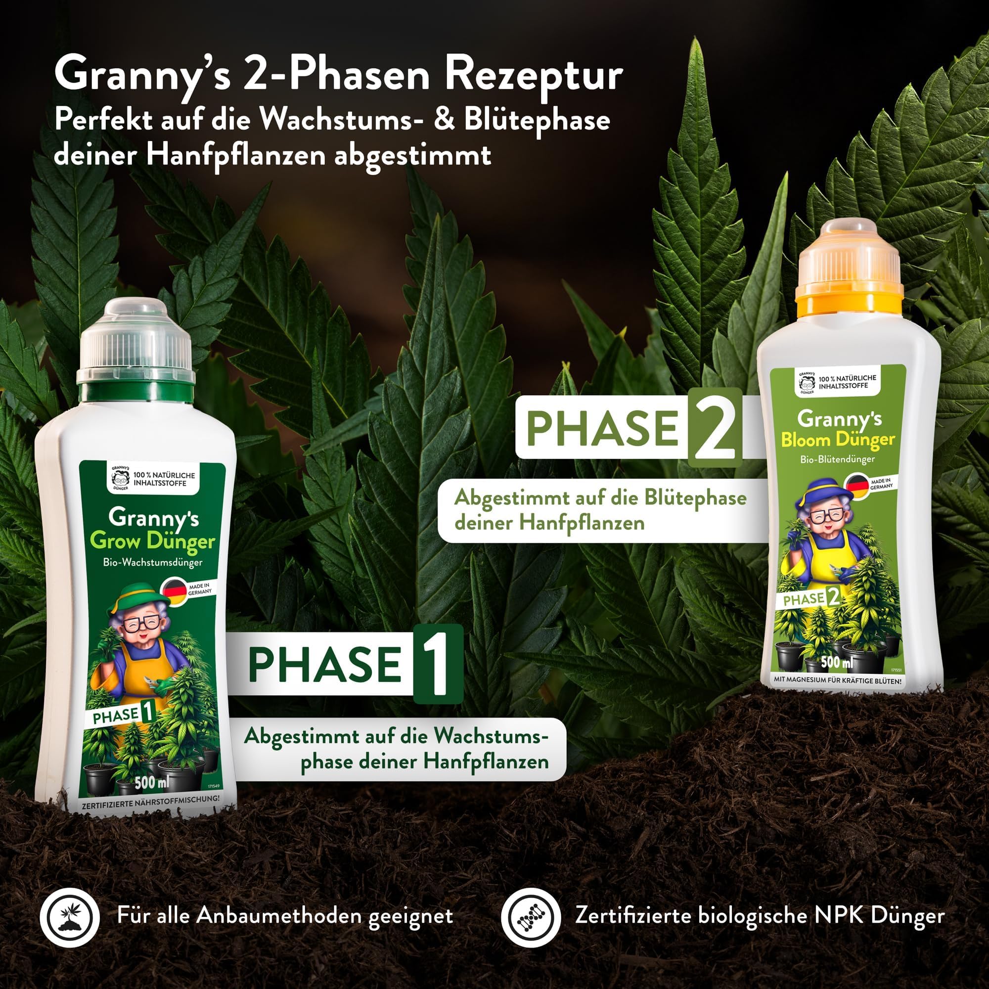 GRANNYS® Grow & Bloom Set - Flüssigdünger für Cannabispflanzen I Organisch I Für Wachstums- & Blütephase I Indoor & Outdoor I Einfache Anwendung I Mit Messbecher