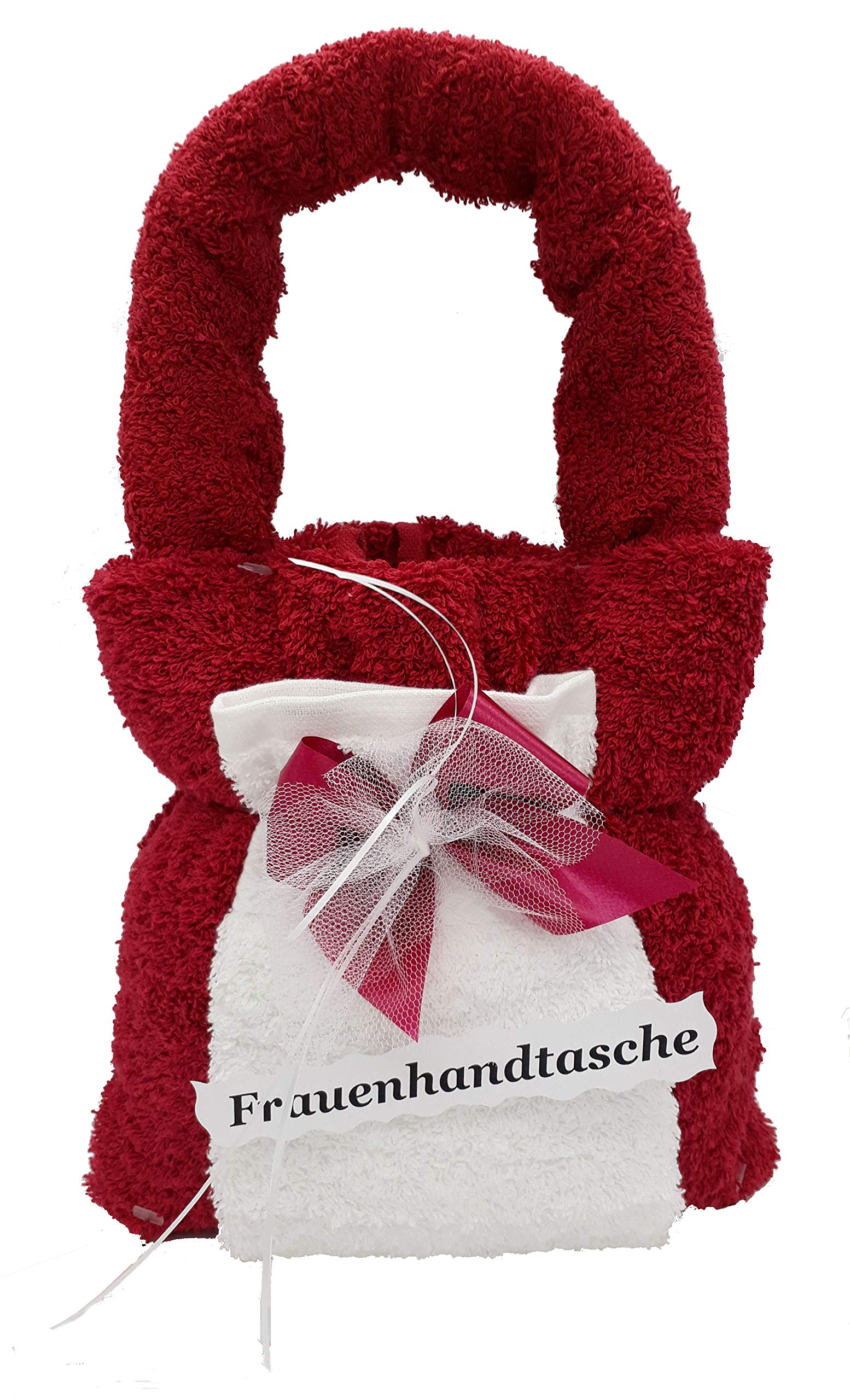 Geschenk Set Handtasche für Frauen in Handarbeit geformt aus Handtuch rot (100x50cm) und 2X Gästetuch rot/weiß (50x30cm)