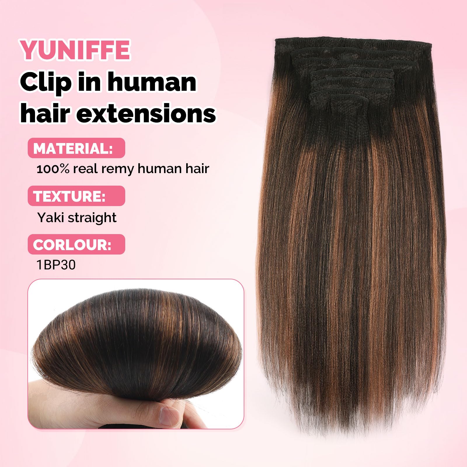 Yuniffe Yaki Straight Clip in Hair Extensions for Black Women Real Human Hair Clip ins Rooted Black Fading to Natural Black #1B Mixed With Auburn #30 Double Weft Remy Yaki Hair 20 Inch 7Pcs 120g - Image 4