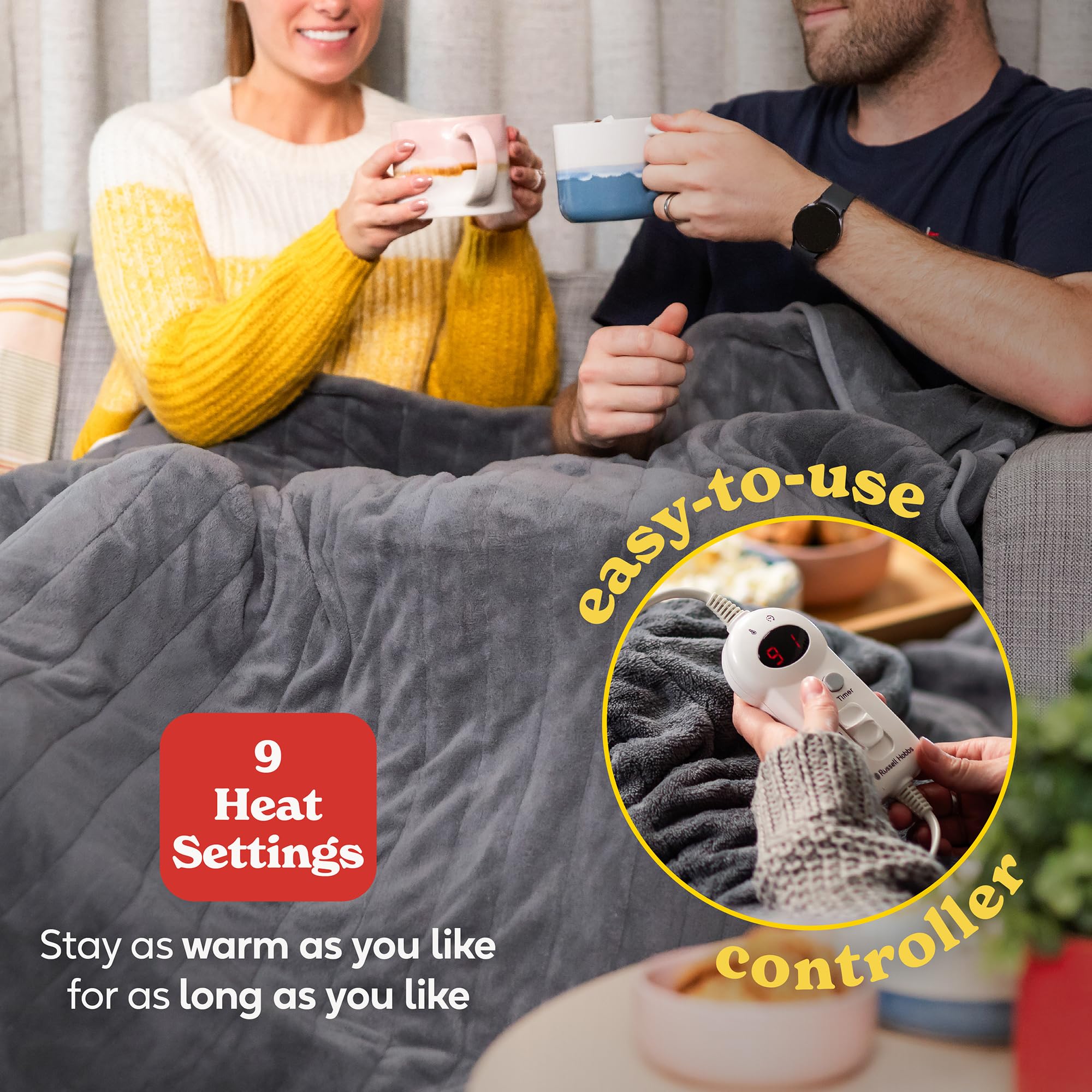 Russell Hobbs RHHT1004GR Couverture chauffante en micropolaire avec télécommande numérique, arrêt automatique, protection contre la surchauffe, minuterie de 12 heures, 9 réglages de chaleur Gris 130 x