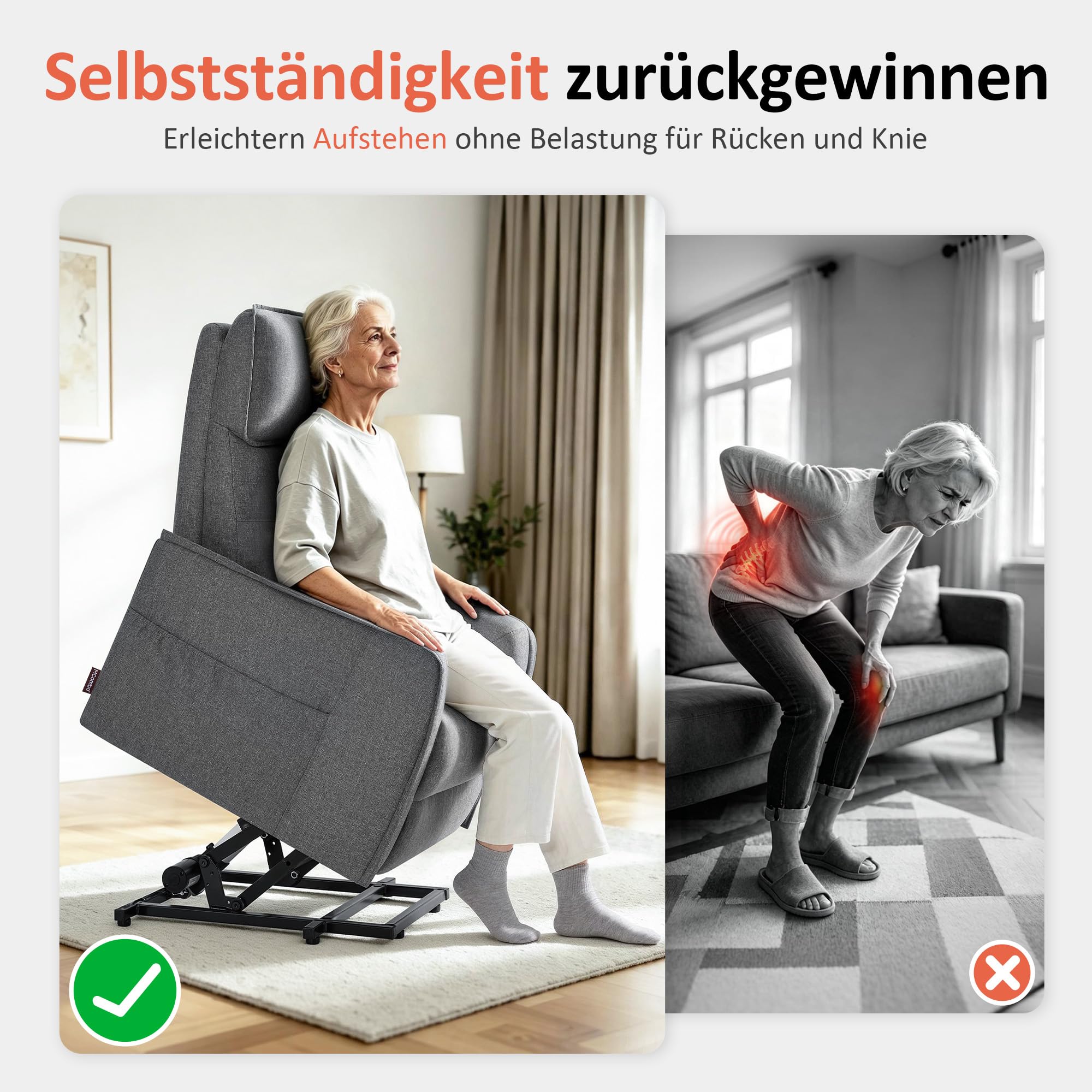 M MCombo Sillón TV con Asistencia Eléctrica para Levantarse, Sillón TV con función reclinable hasta 135°, Masaje & Calefacción, pequeño sillón Elevador, sillón Senior para salón 7027 (Gris)