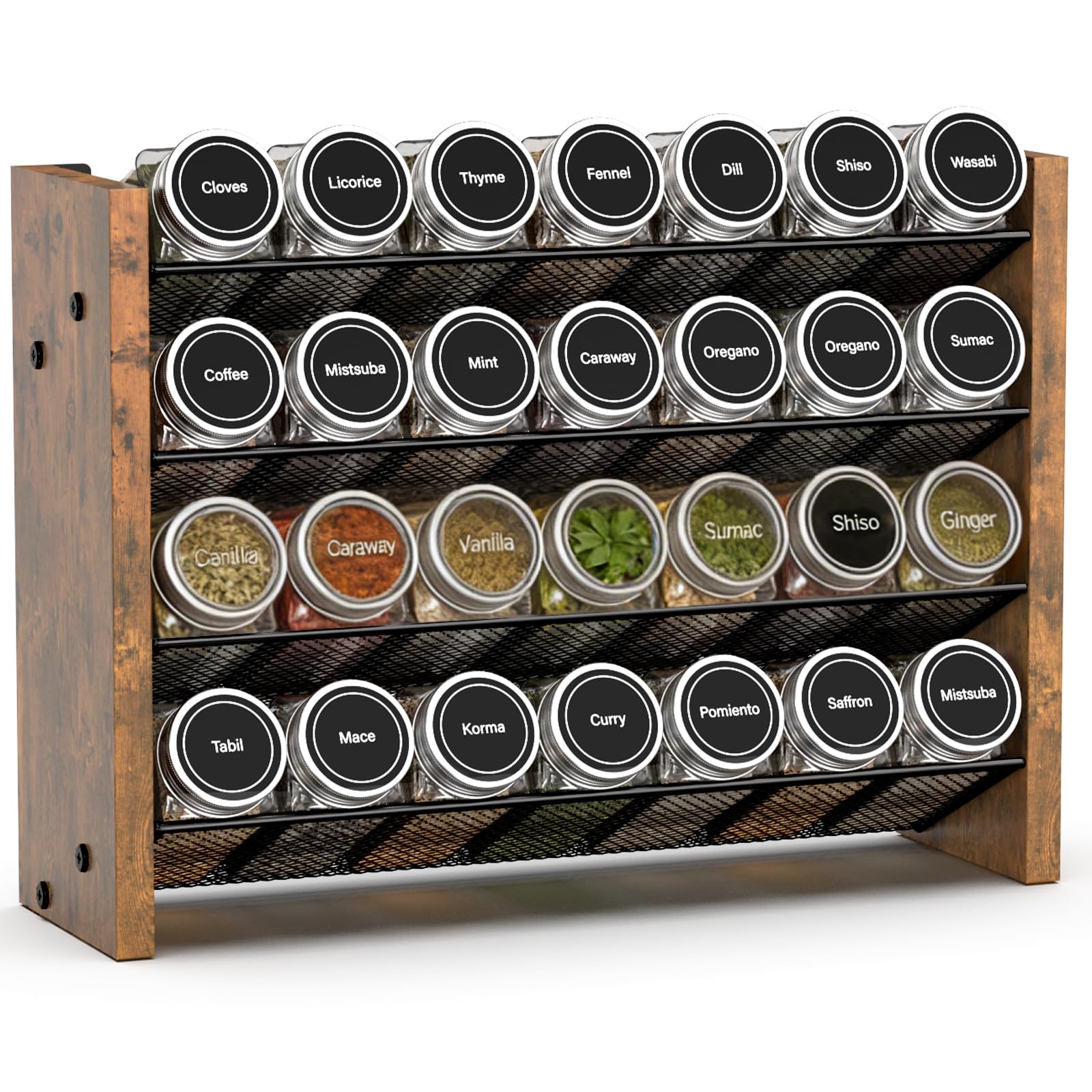 NESAPTO Spice Rack Organizer for Cabinet, Wood 4-Tier Vertical Seasoning Organizer, Wall Mount or Countertop Spice Shelf, Holds 28 Jars (No Jars Included), 14" W x 9.4" H