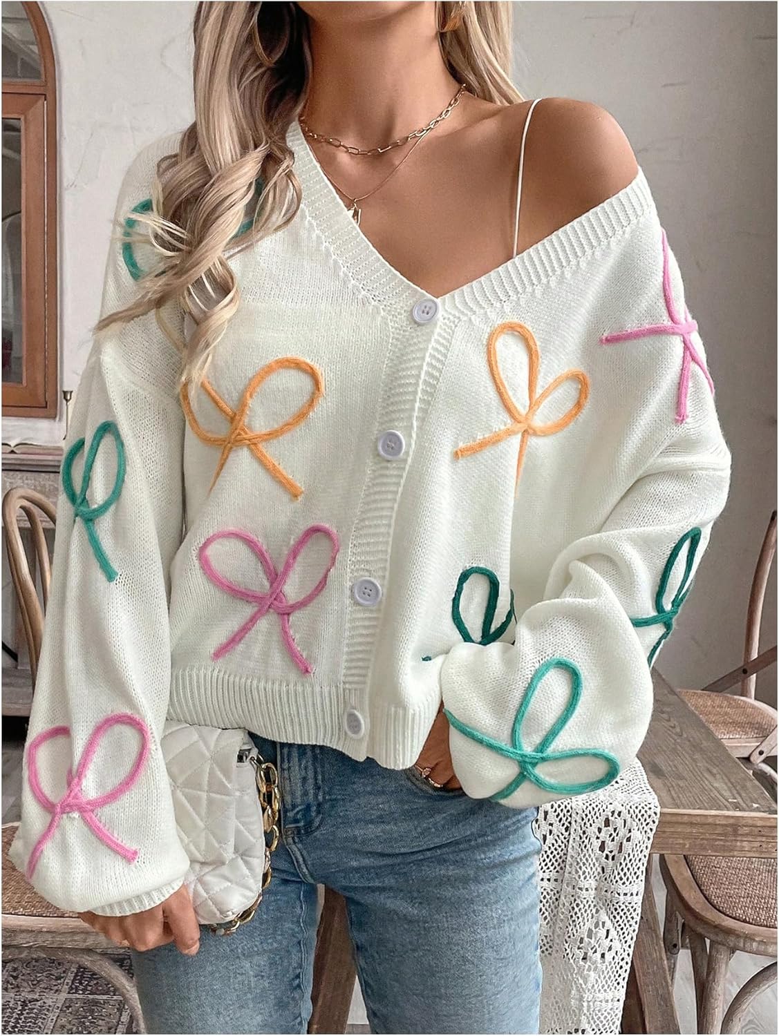 WDIRARA Women's Bow Cardigan Button Down V Neck Long Sleeve Drop Shoulder Knit Sweater - Image 4