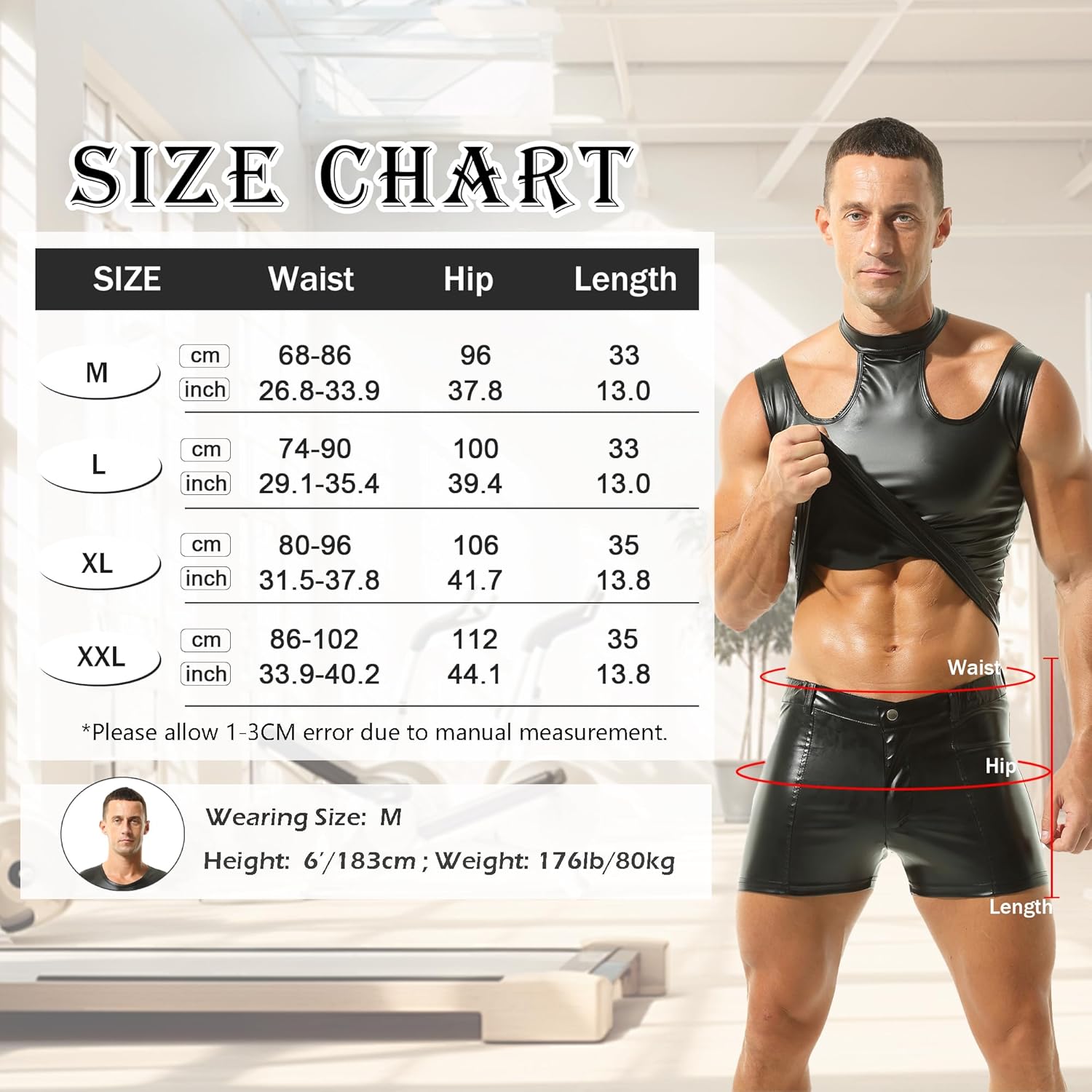 QiaTi Men's PU Leather Shorts Elastic Waist Club Hot Short Pant Zipper Sexy Shorts for Rave - Image 6