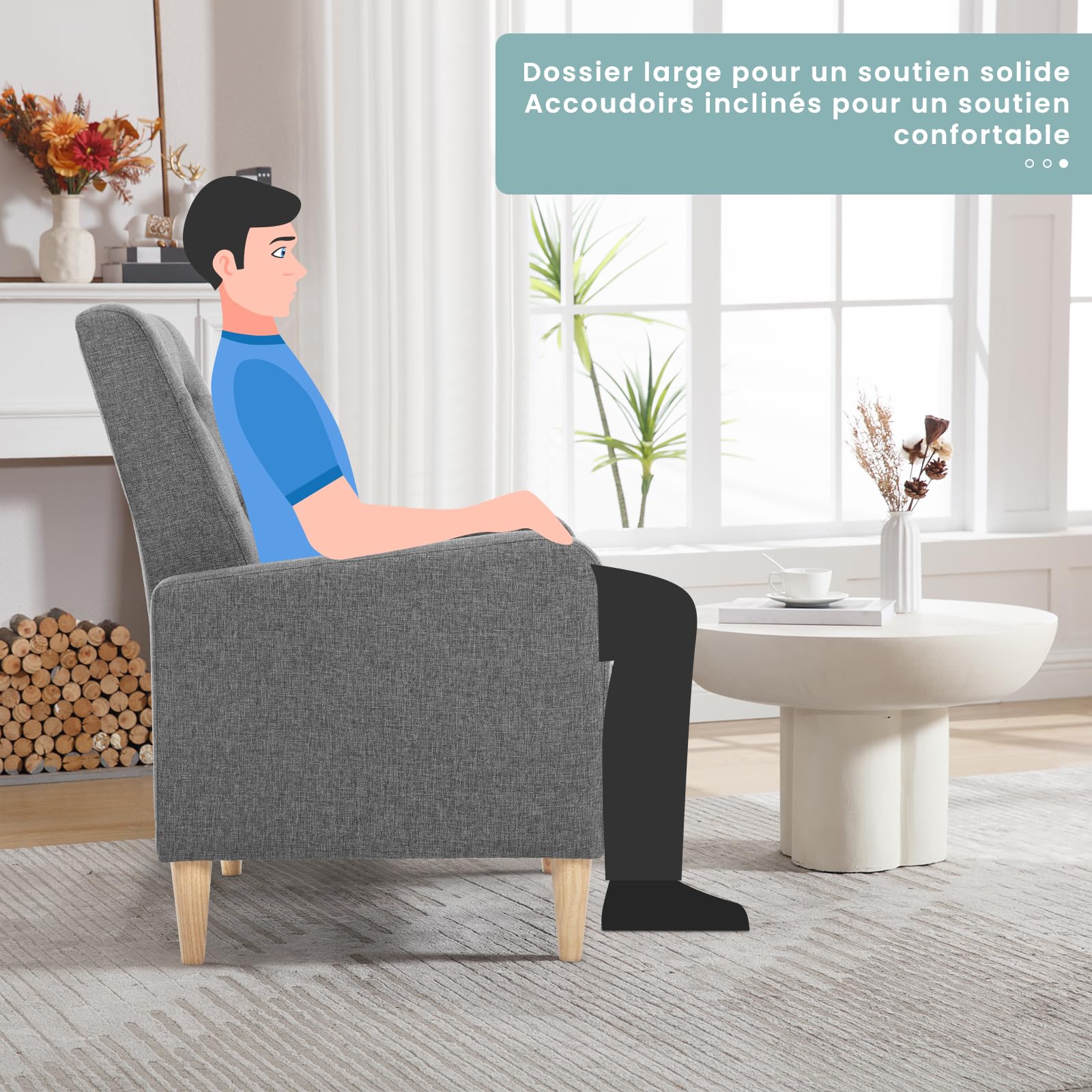 WOLTU Fauteil Salon, Fauteuil Relax à Dossier Haut, Chaise de Relaxation avec Pieds en Bois Massif, Accoudoirs, Siège Rembourré, Revêtement en Lin, pour Salon, Bureau, Gris Foncé, SKS41dgr