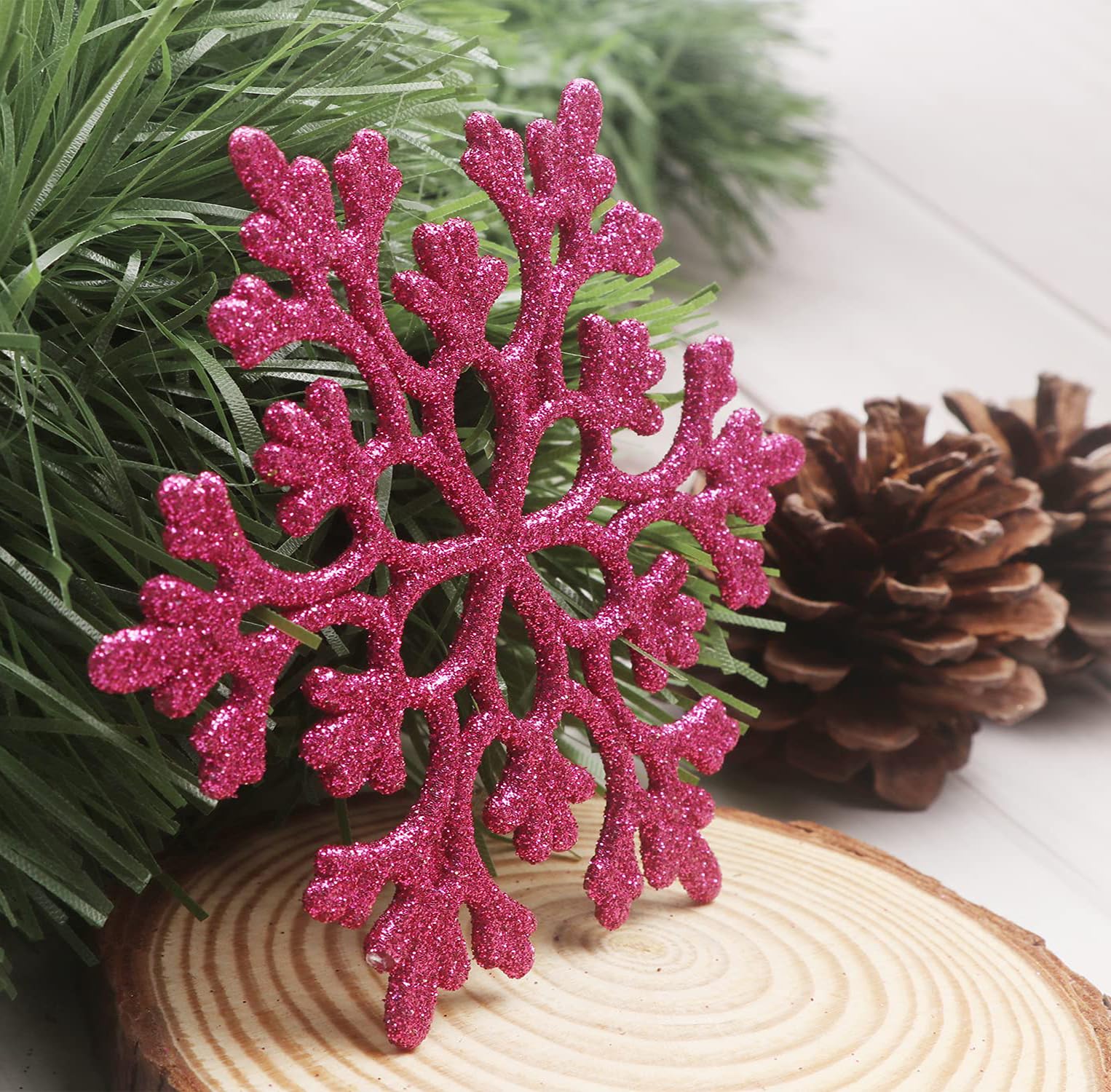 YYCRAFT 32pcs Glitter Snowflake Ornament 4 Inch for Christmas Tree Decoration-Hot Pink - Image 2