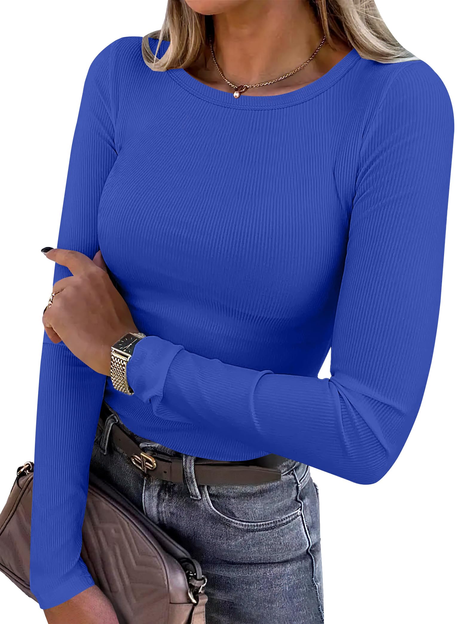 ANRABESS Women Long Sleeve Shirts Rib Knit Slim Fit Tops Basic Tee Spring Outfits Casual T-Shirt Underscrubs Layer Clothes