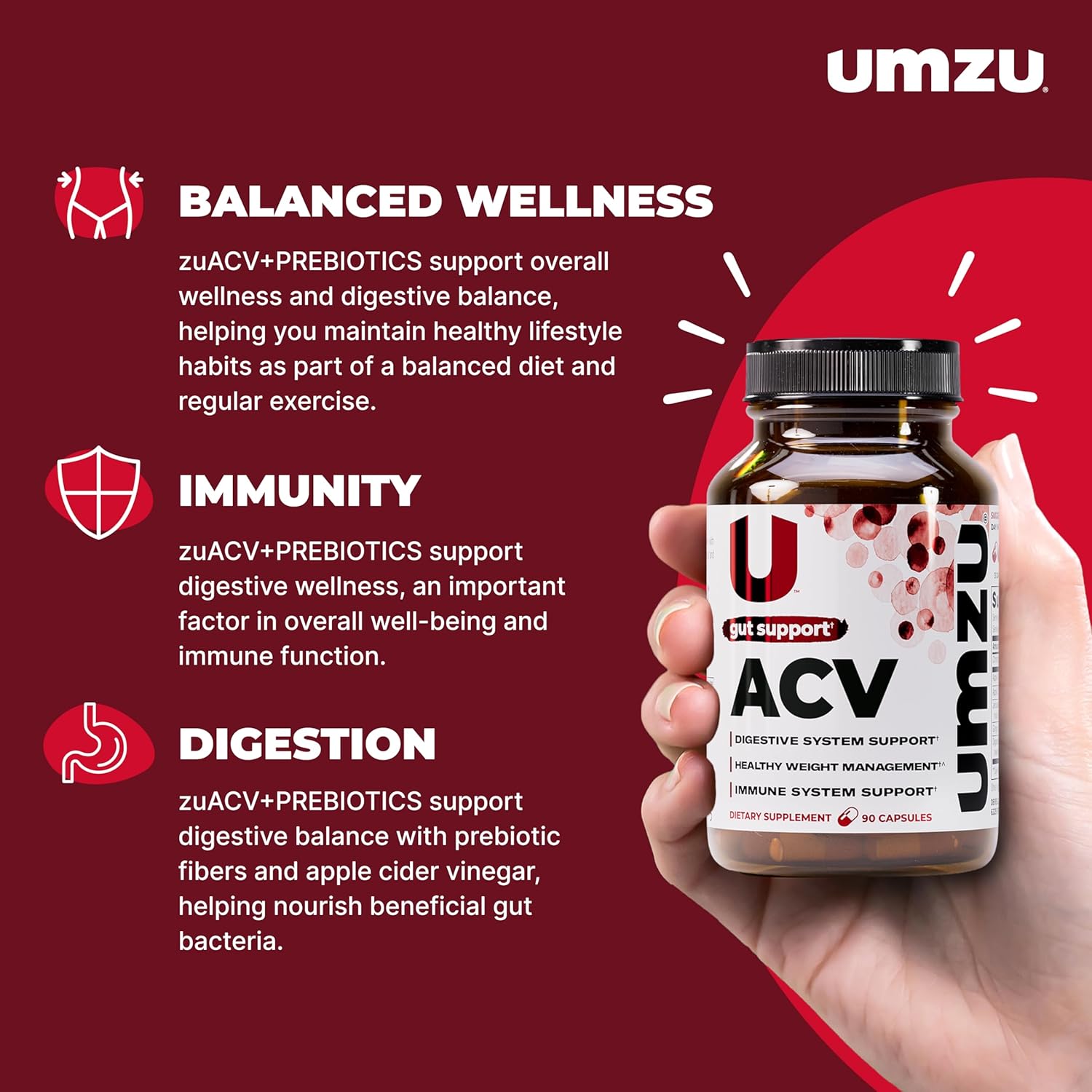 UMZU zuACV Apple Cider Vinegar + Prebiotics Supplement, (30 Day Supply) – ACV & Inulin Fiber Blend – Gut Health Support with ACV Capsules for Daily Digestive Health & Wellness Balance Formula - Image 2