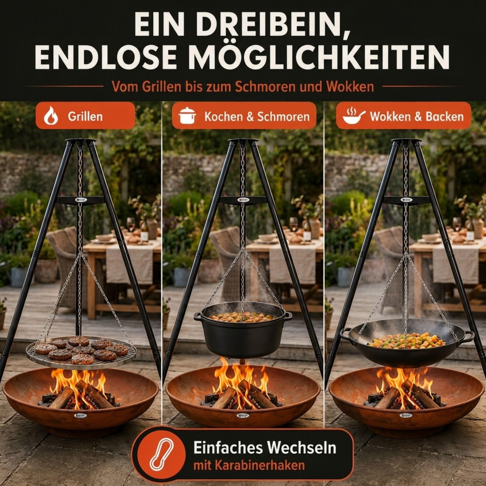 Dreibein-Grill mit Grillrost Ø 65 cm – Schwenkgrill aus Stahl – Höhenverstellbar mit Kettenzug – Stabiles Stativ für Feuerschalen, Lagerfeuer und Camping