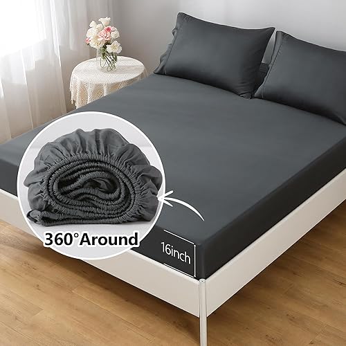 Miniatura 3 de Juego de sábanas de tamaño matrimonial, rayón derivado del bambú, juego de sábanas refrescantes, bolsillo profundo de hasta 16 pulgadas, 4 piezas