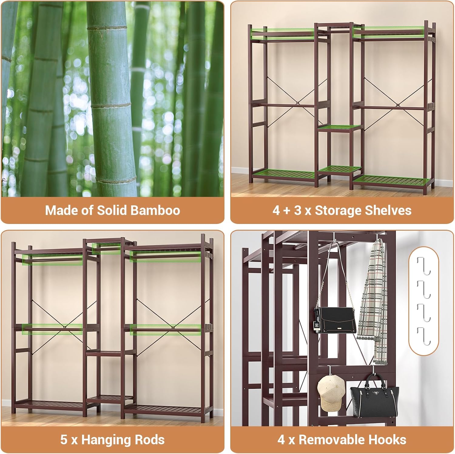 Homykic Bamboo Closet System, Large Clothing Rack for Hanging Clothes, Freestanding Clothes Rack with 7 Shelves & 5 Hanging Rods, Open Wardrobe Closet Organizer Garment Rack with 4 Hooks, Espresso