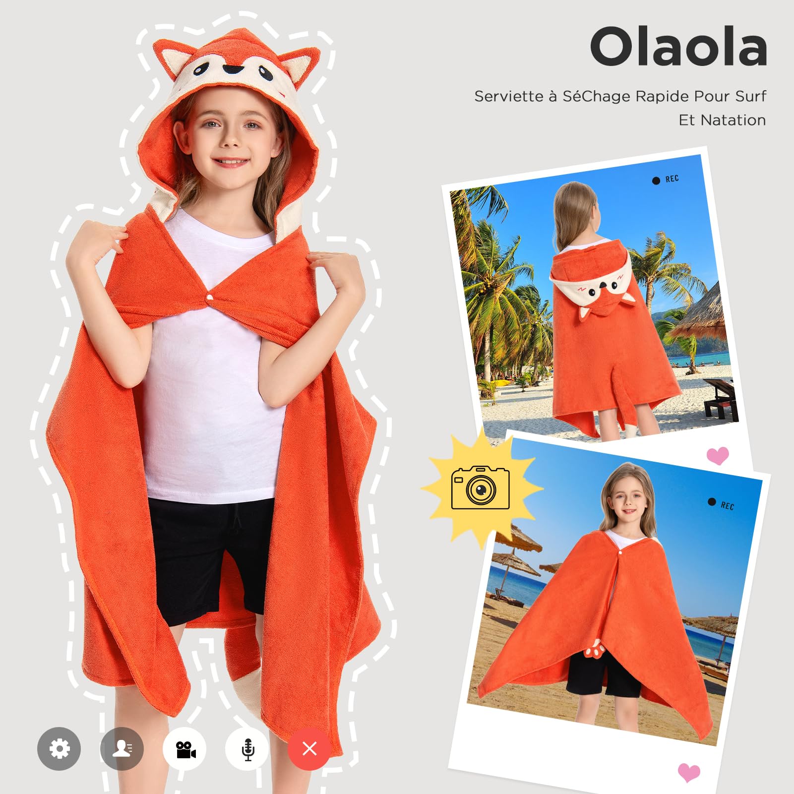 OLAOLA Serviette de Bain à Capuche pour Enfants, Serviettes de Plage en Microfibre Doux Natation Wrap, Enfant Peignoir À Langer, Poncho de Bain pour Garçons Filles de 3 à 12 Ans (Renard)