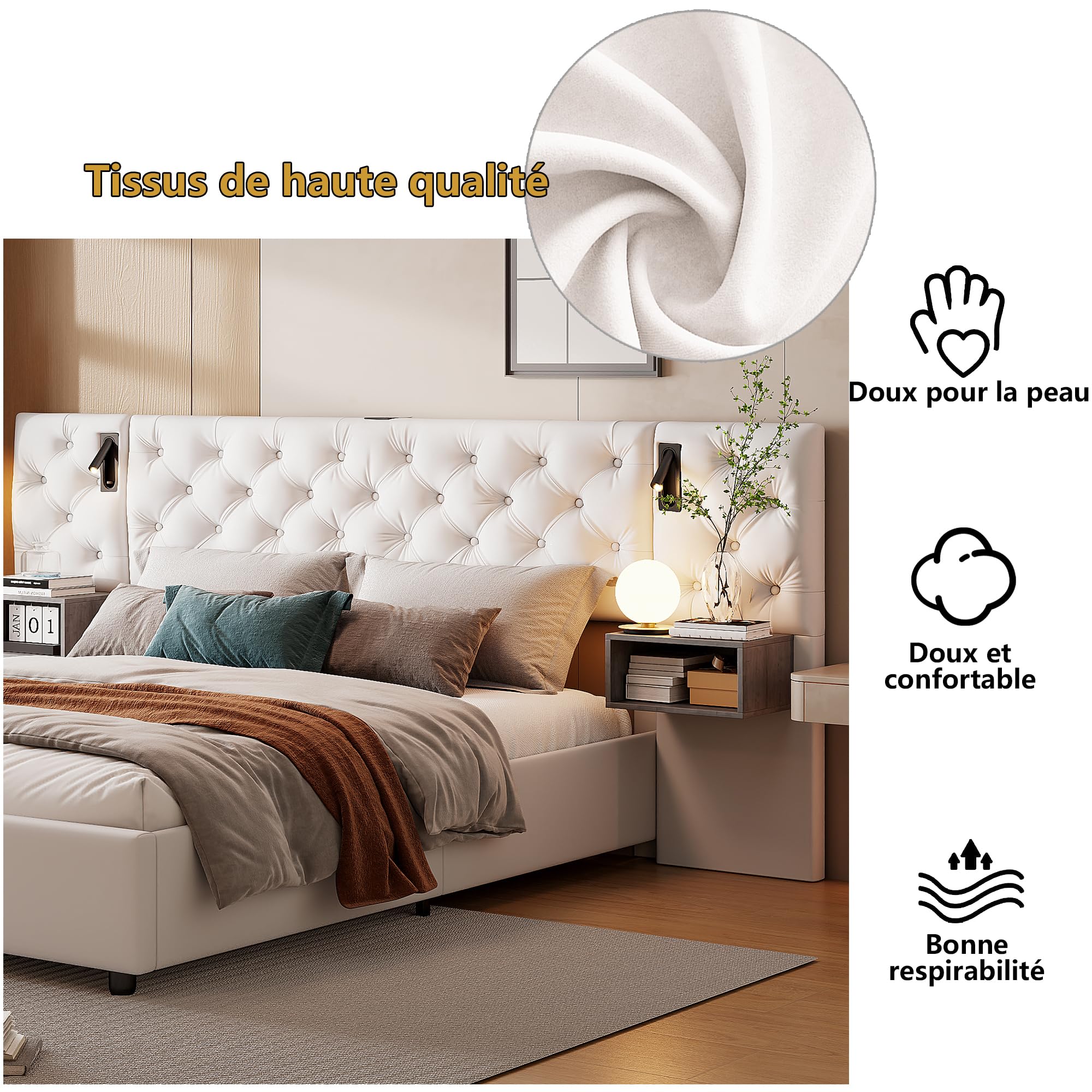 CDQL Łóżko tapicerowane 160 x 200 cm z 2 lampkami nocnymi i szufladą na stolik nocny, podwójne łóżko ze schowkiem Air-Bar, rama łóżka ze złączem USB i stelażem, łóżko funkcyjne, łóżko dla gości
