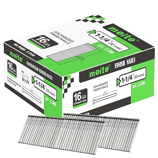 meite 16 Gauge Finish Nails, 1-1/4-Inch Galvanized 16GA Finish Nails, Small Straight Finishing Nail, Ideal for Woodworking, Upholstery, and Framing Projects (2,500 Counts)
