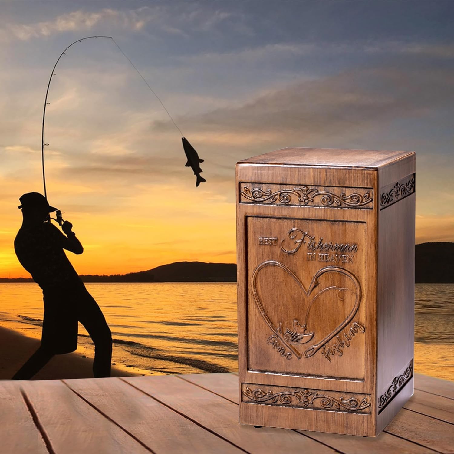 Large Wood Urn for Ashes Best Fisherman in Heaven - Hand Carved Fishing Hook Adult Memorial Box, Cremation Keepsake for Burial or Display