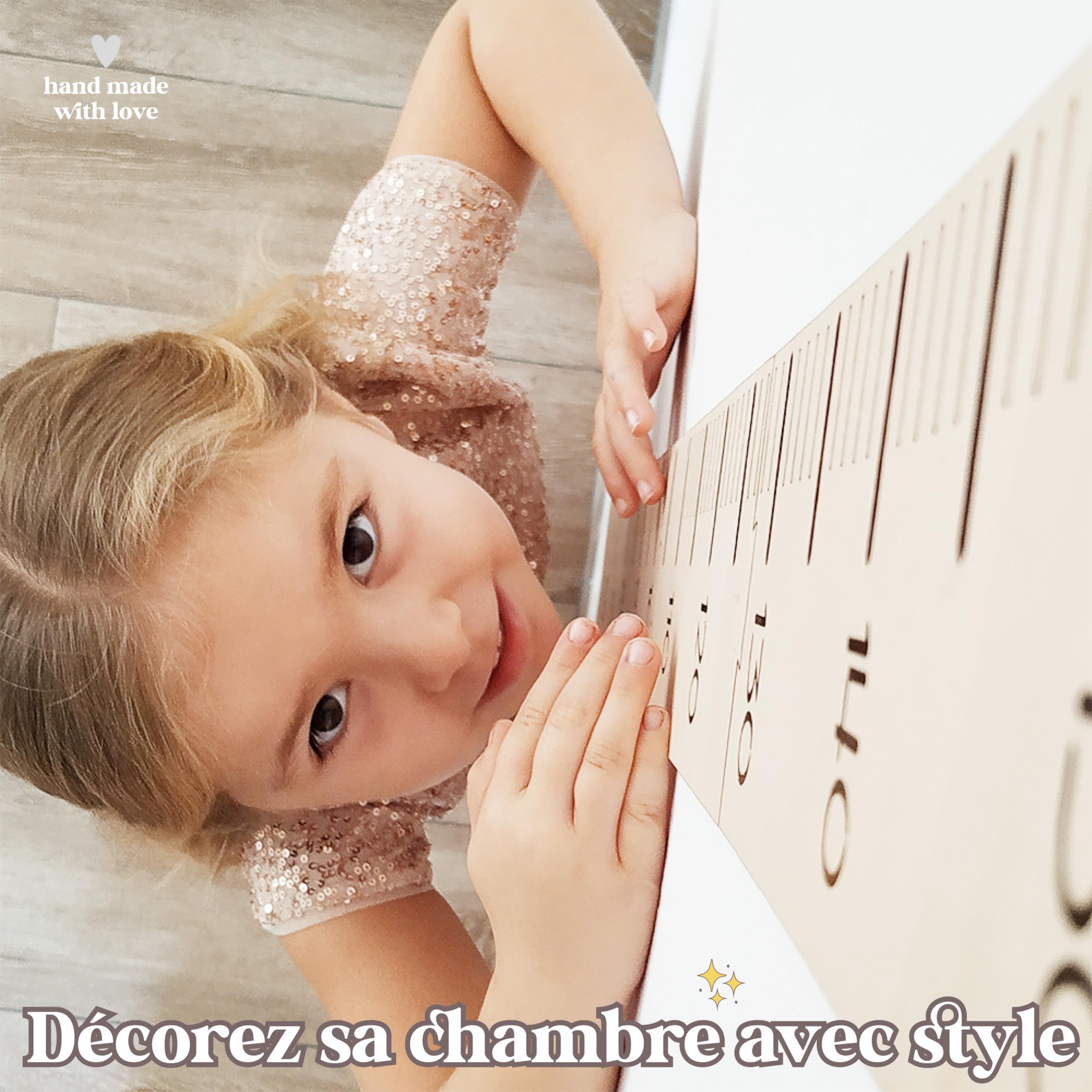 nagu® Toise murale enfant pour Decoration chambre bebe. Toise bois avec lettres autocollantes à personnaliser avec votre nom. Mesure taille