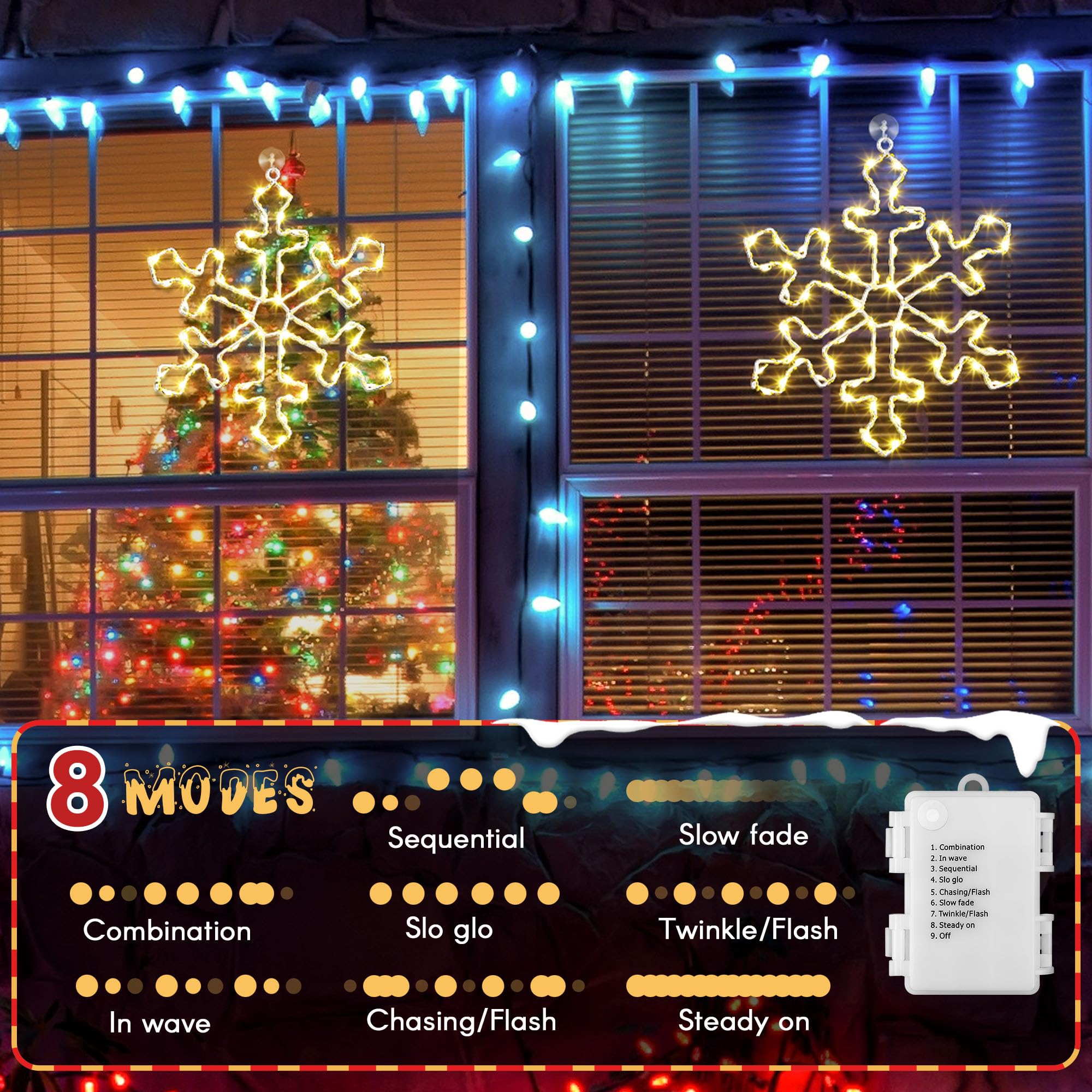 Hiboom Lot de 3 silhouettes lumineuses de Noël à 70 DEL en forme de flocon de neige de 30,5 cm, alimentées par piles, 8 modes d'éclairage pour décoration de Noël (blanc chaud)