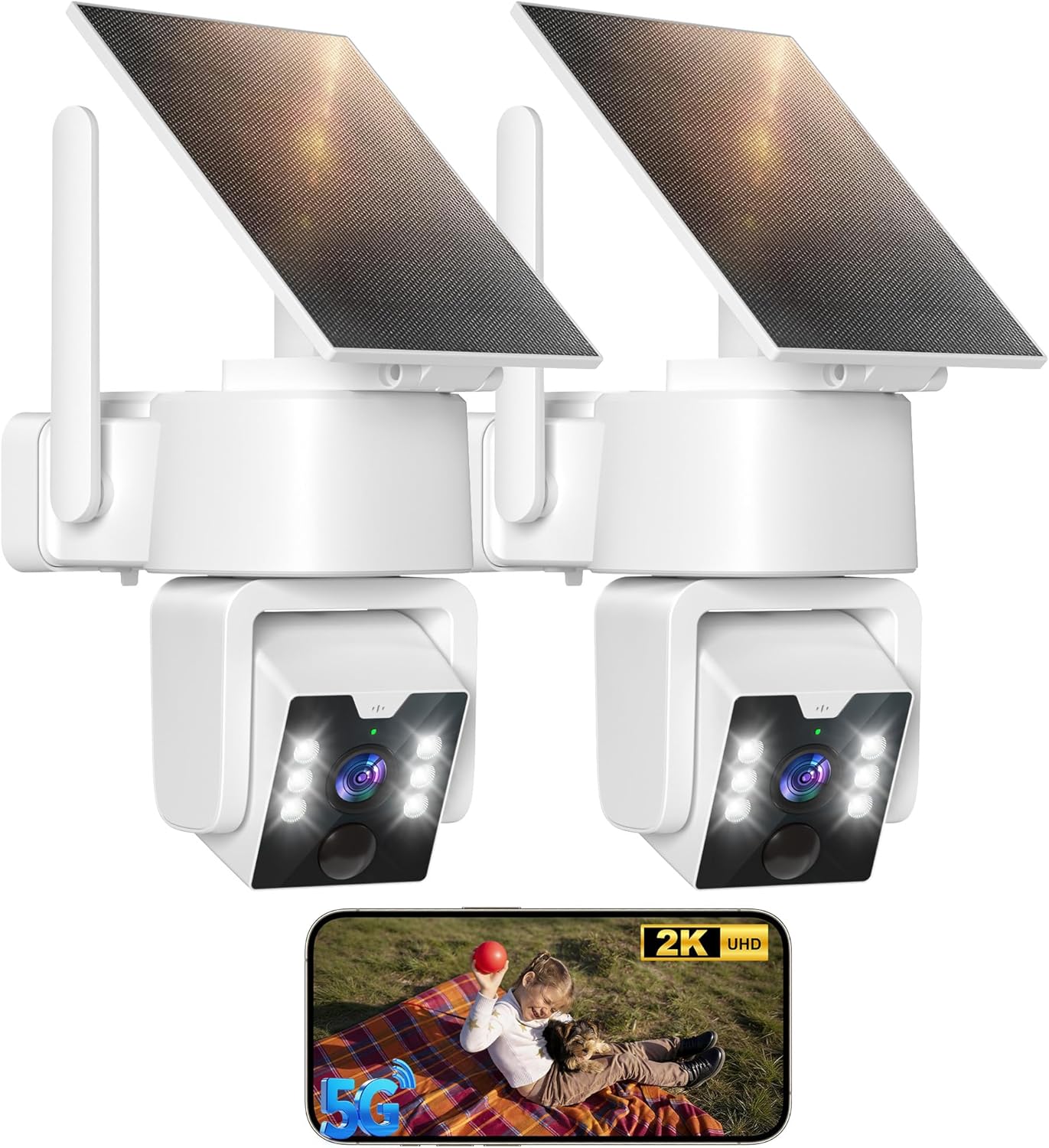 2PCK Wireless Outdoor Security Camera - 5G & 2.4G Wi-Fi Outdoor Camera, 2K Pan/Tilt 360° View, Solar/Battery Powered, PIR Human Detection, Color Night Vision,IP65/ Easy to Install