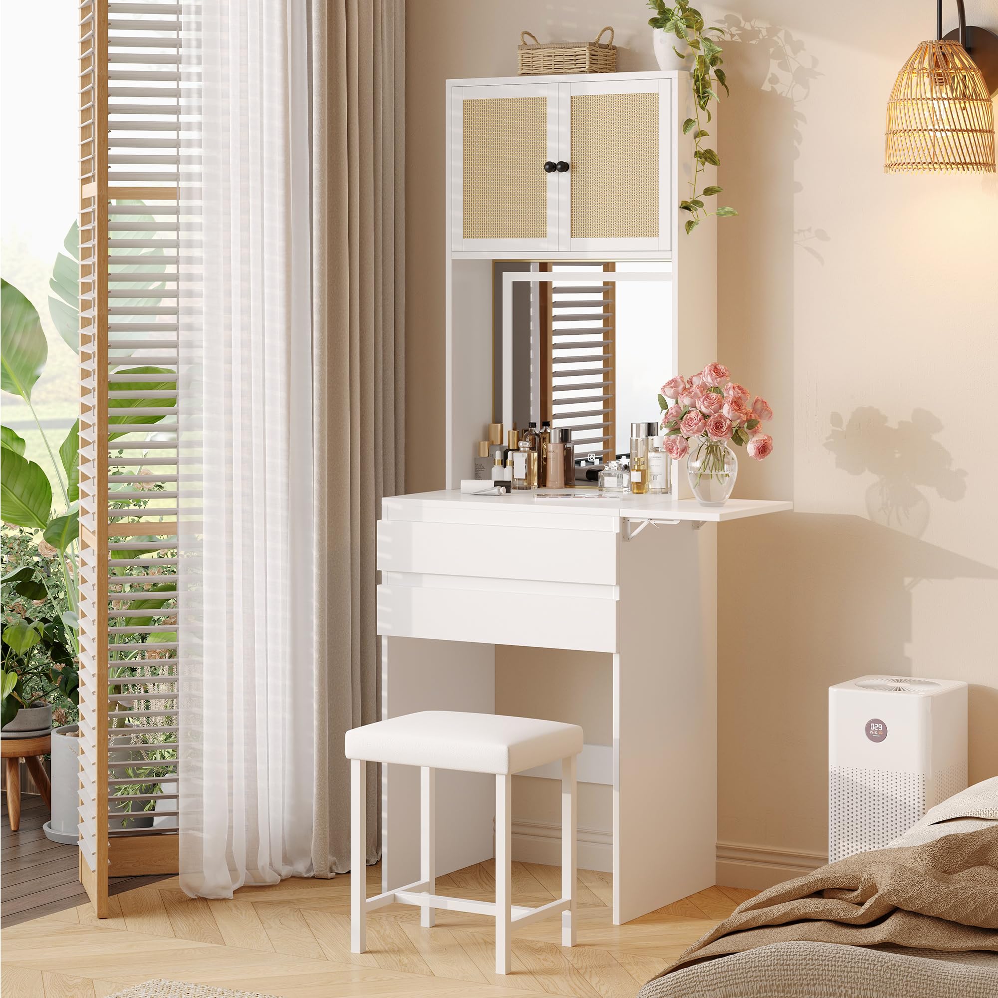 Rubikliss Small Vanity Desk with Mirror and Lights, White Compact Makeup Vanity with Chair and Fold-up Panel for Small Spaces, Skinny Rattan Dressing Table Set, Dimmable 3-Color, Space Saving, Girls