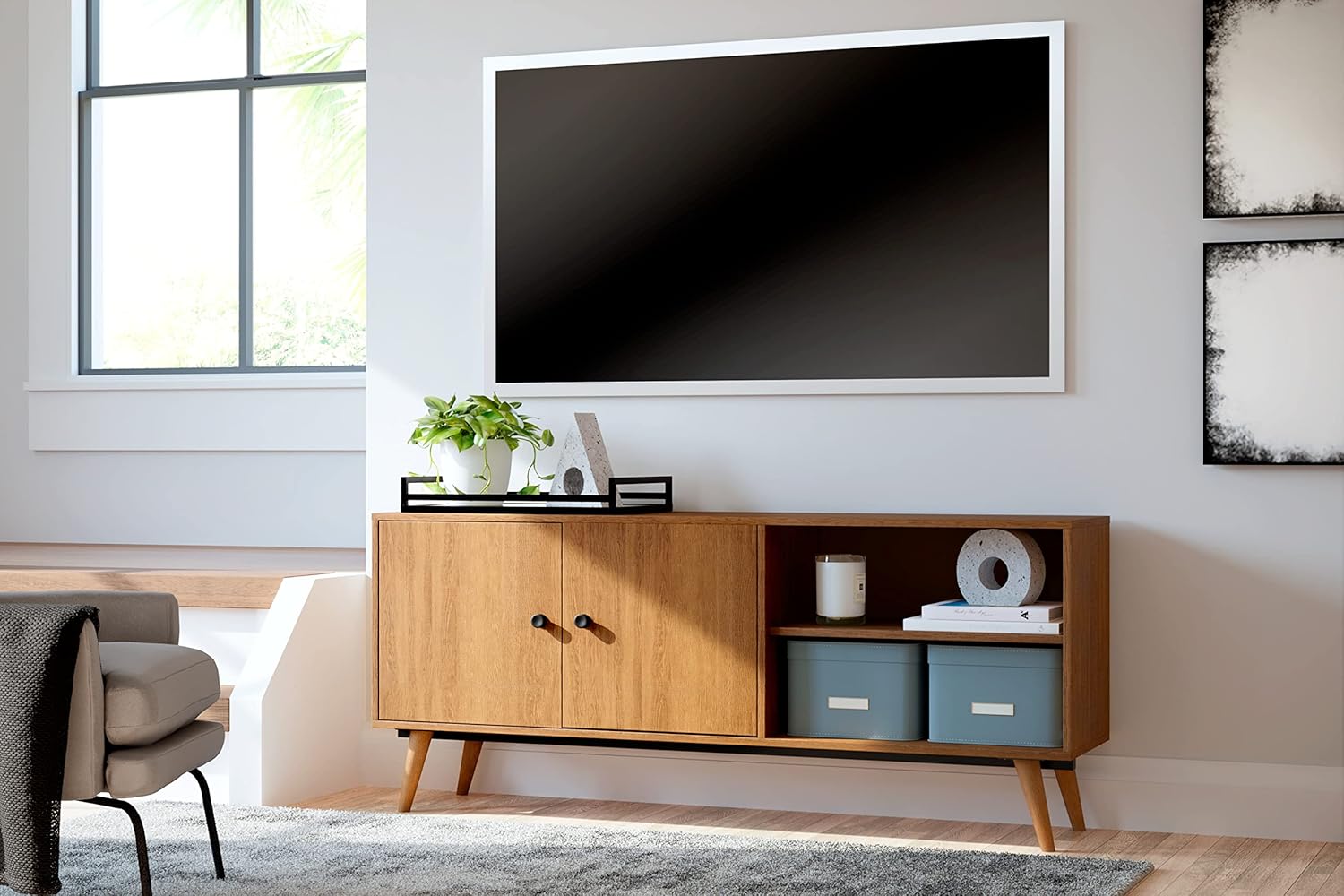 Modern Linear Brown TV Stand with Cabinet and Cord Management