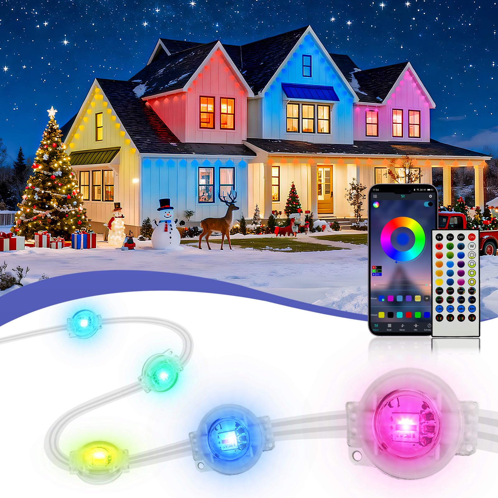 Lumières d'extérieur RVB permanentes de 45 m avec application et télécommande pour maison - 8