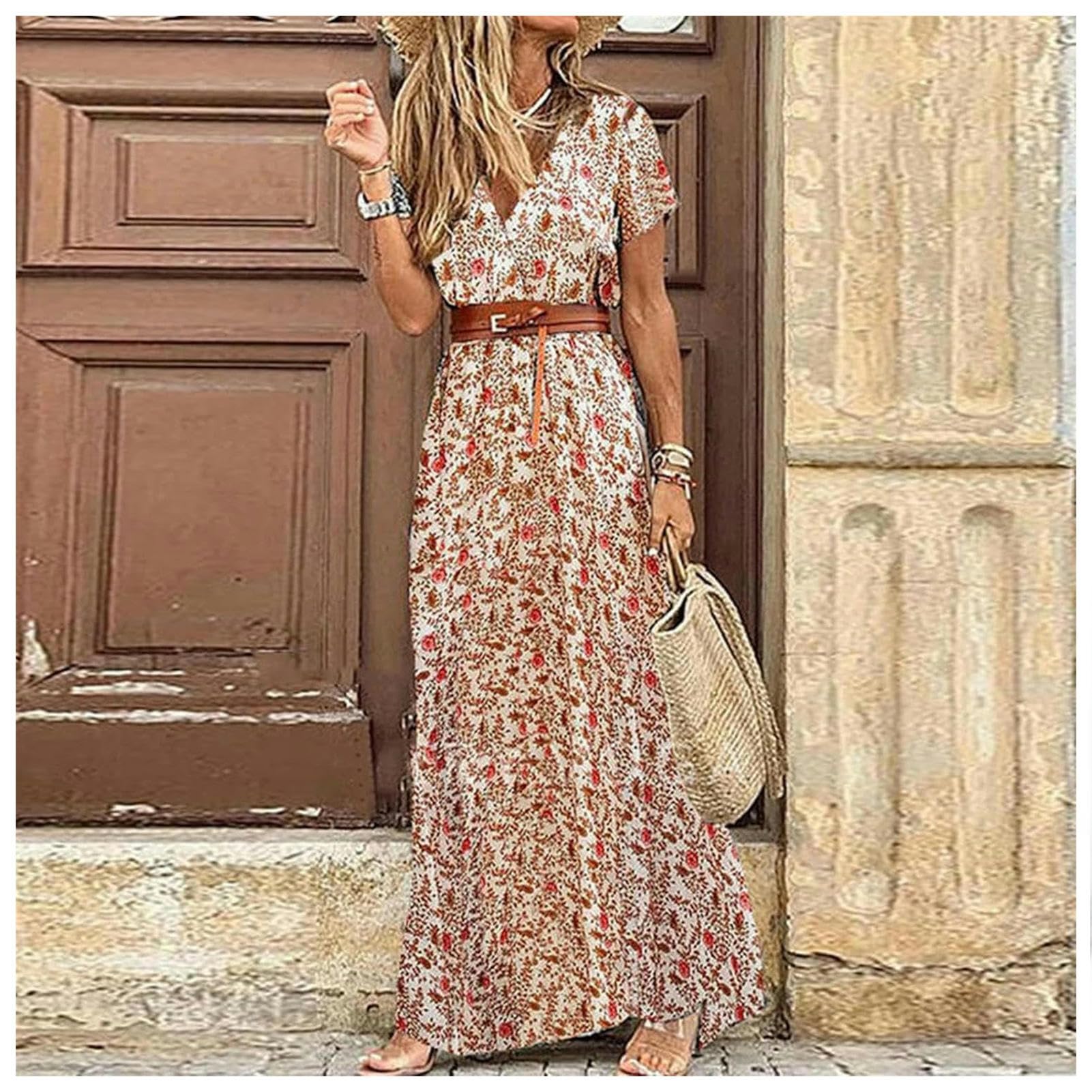 Gonna Lunga Abito Lungo per Donne Summer Beach Abiti Bohémien, Abiti da Veste Casual con Gonna Floreale-Khaki-m