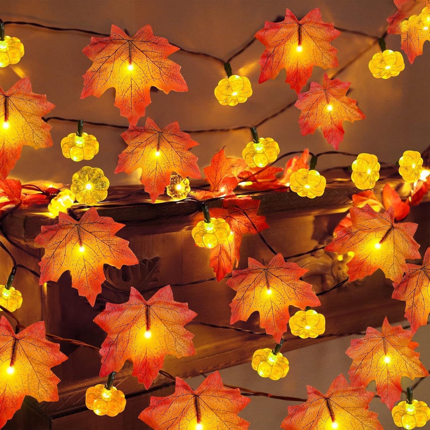 Aowin Maple Leaves String Light,Thanksgiving Decorations Pumpkin String Lights,3M 20LED Fall Pumpkin String Lights,Fall Garland Leafs Lights for Holiday Party Indoor Outdoor Decor-Style-B
