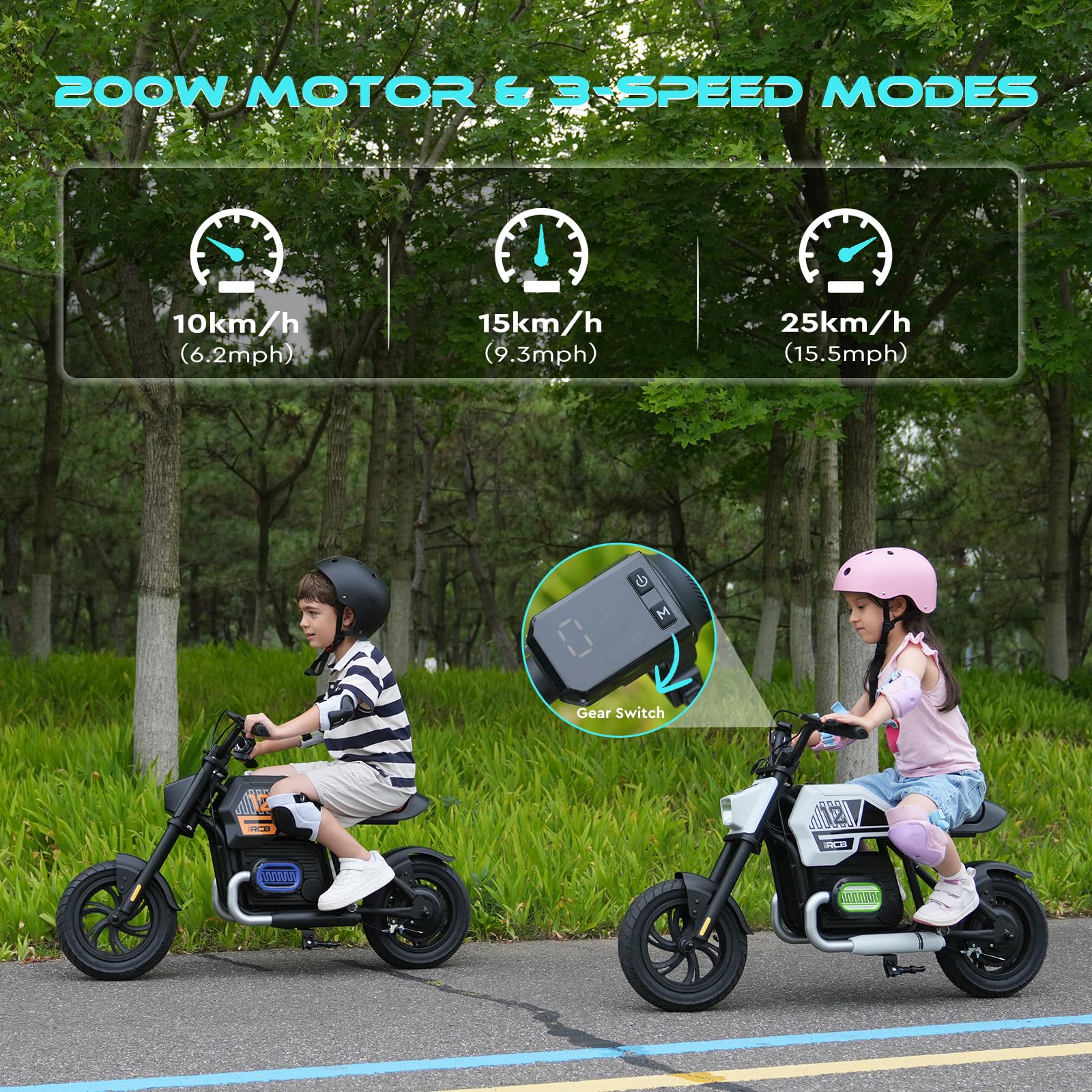RCB R9 Kinder-Elektromotorrad, Elektro Motorrad mit Lautsprecher, 10/15/25KMH&15KM Reichweite, Stimmungsbeleuchtung, 12-Zoll-Luftreifen für Kinder 6+ Jahren