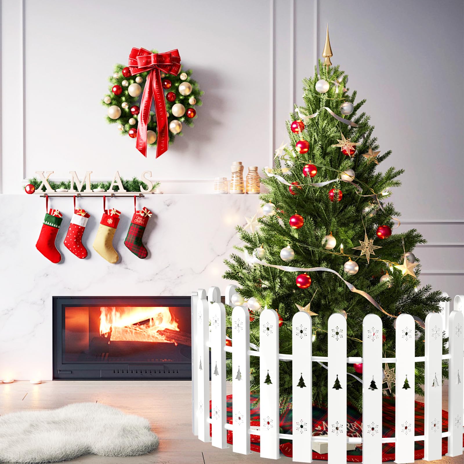 Recinzione per Albero di Natale per Cani, Barriera Protettiva per Albero per Bambini e Animali Domestici, 28 Pezzi Recinzione Bianca in Pali da Interno e Esterno, Decorazione Natalizia di