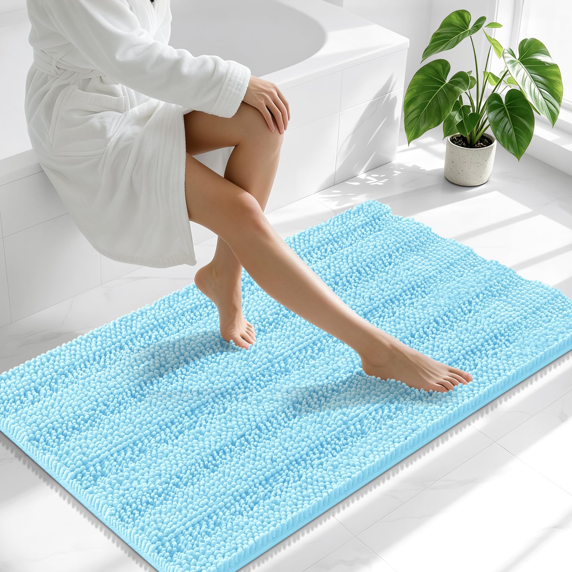 Smiry Thick Chenille Bathroom Runner Rugs 44x24, Soft Bath Mat, Sky Blue