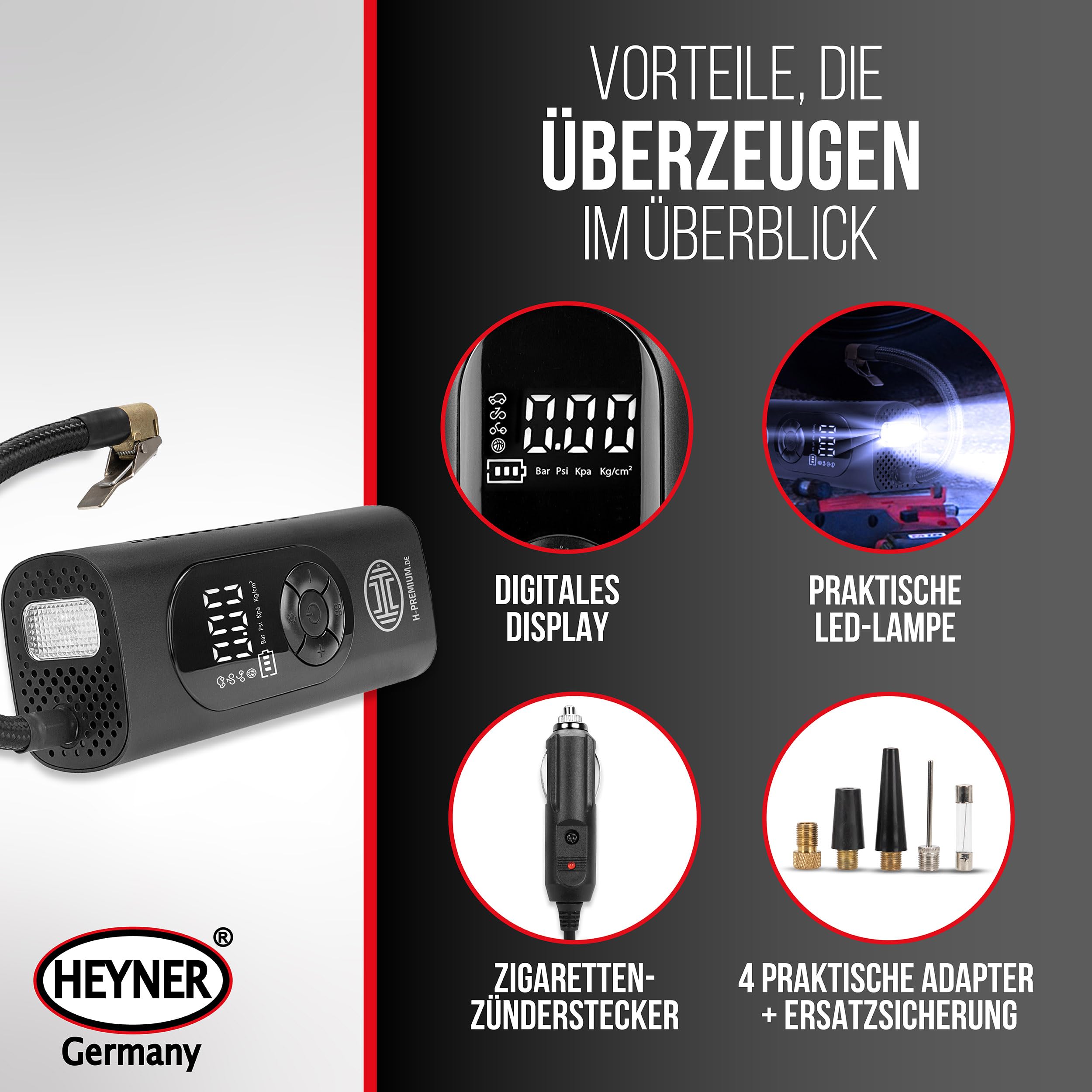 HEYNER® Luftkompressor mit 6000 mAh Akku, 10 bar, Auto-Stopp, LCD-Anzeige | Livebetrieb über 12 V am Fahrzeug, Powerbank mit 5 V / 2 A, LED-Licht mit SOS-Signal, Für Auto, Motorrad, Fahrrad und Camping