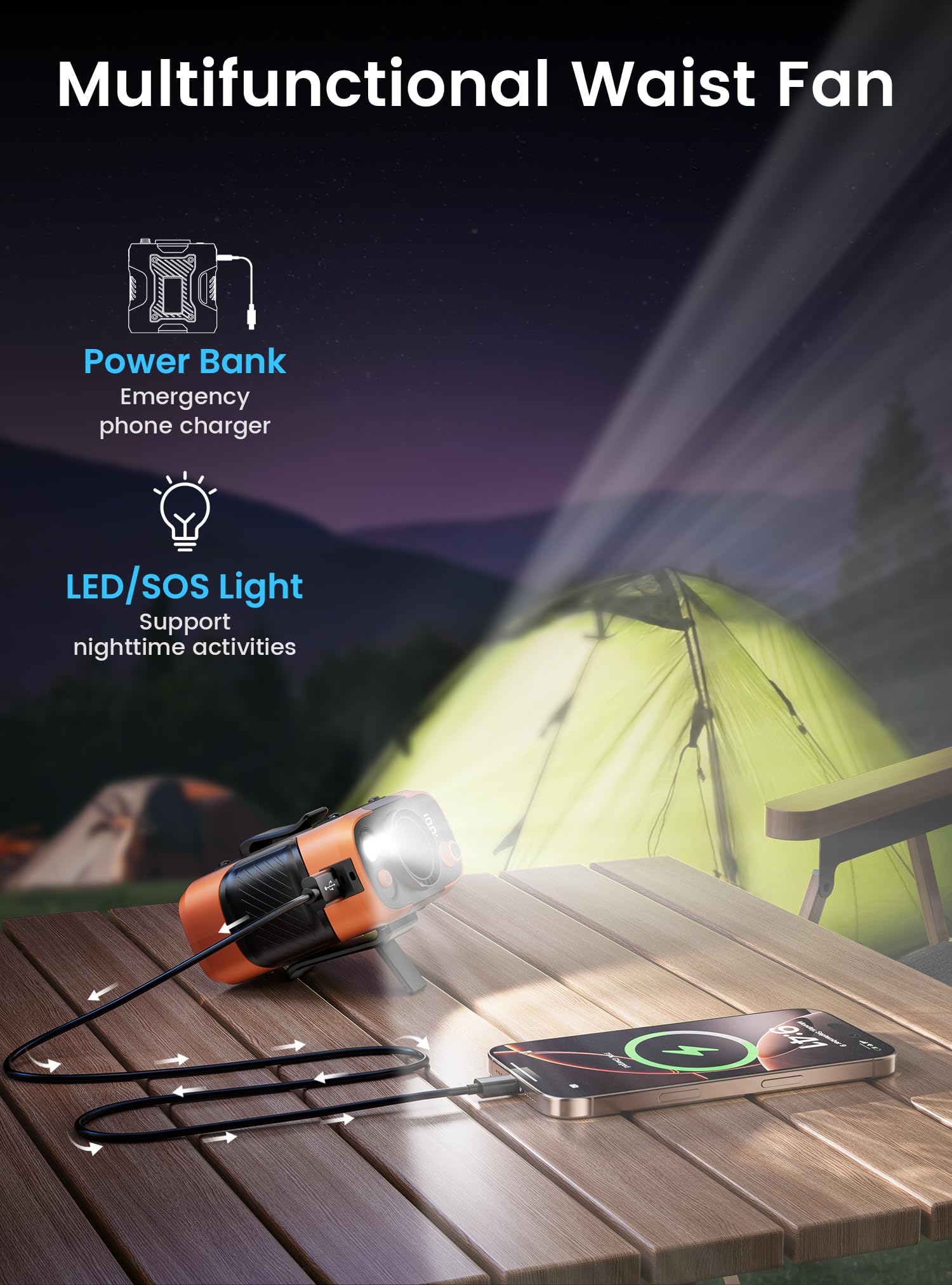 Koonie Ventilatore a clip con pannello solare, luce LED personale, ventilatore da cintura alimentato a batteria, forte flusso d'aria, 100 velocità, corpo per esterni, lavoro, campeggio, escursionismo