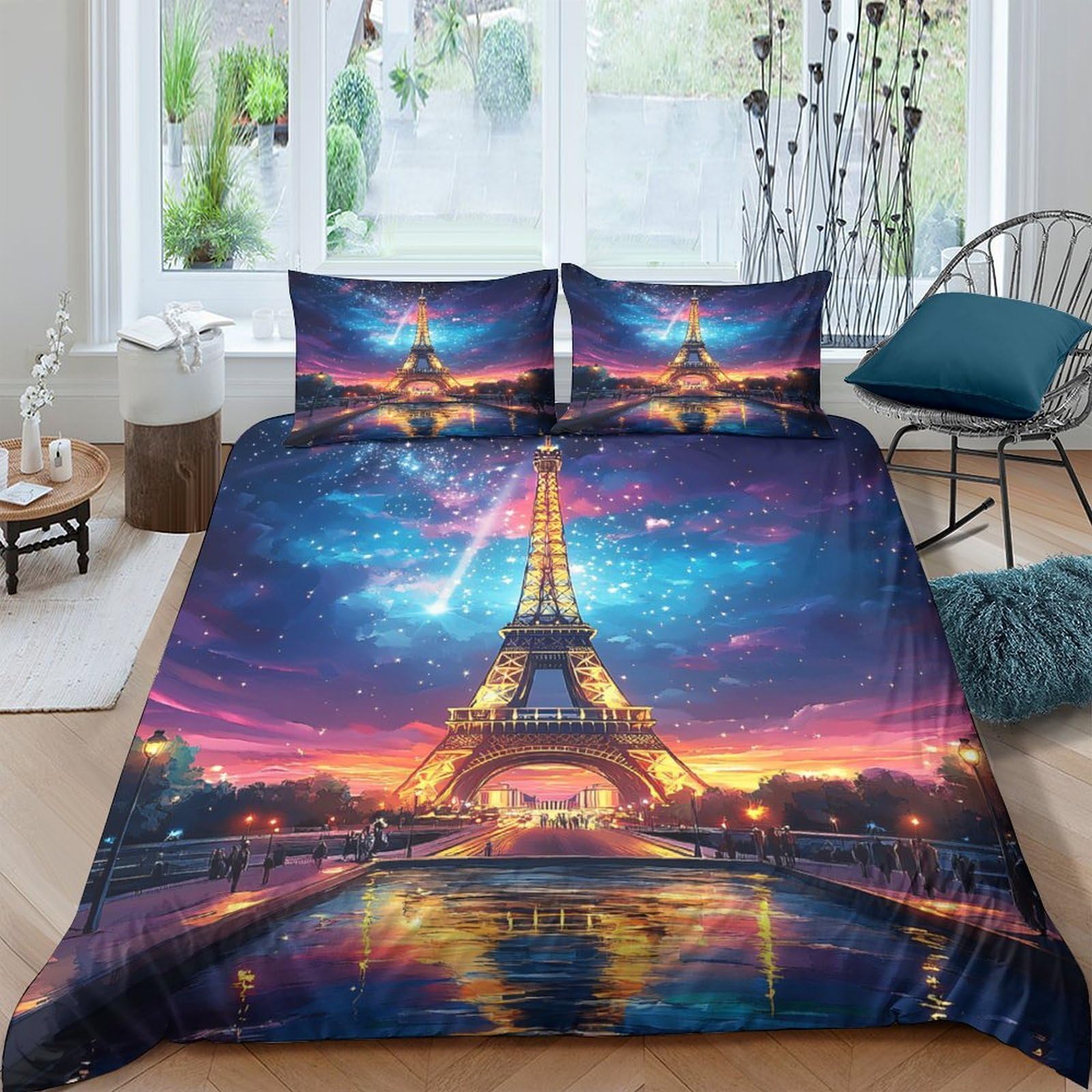 GPLZQXKJNH 3D Printed Eiffel Tower Night Sky Duvet Cover Microfiber Soft Breathable Sunset Paris Bedding Set with 2 Pillowcases for Bedroom Home Decor Single（135x200cm）