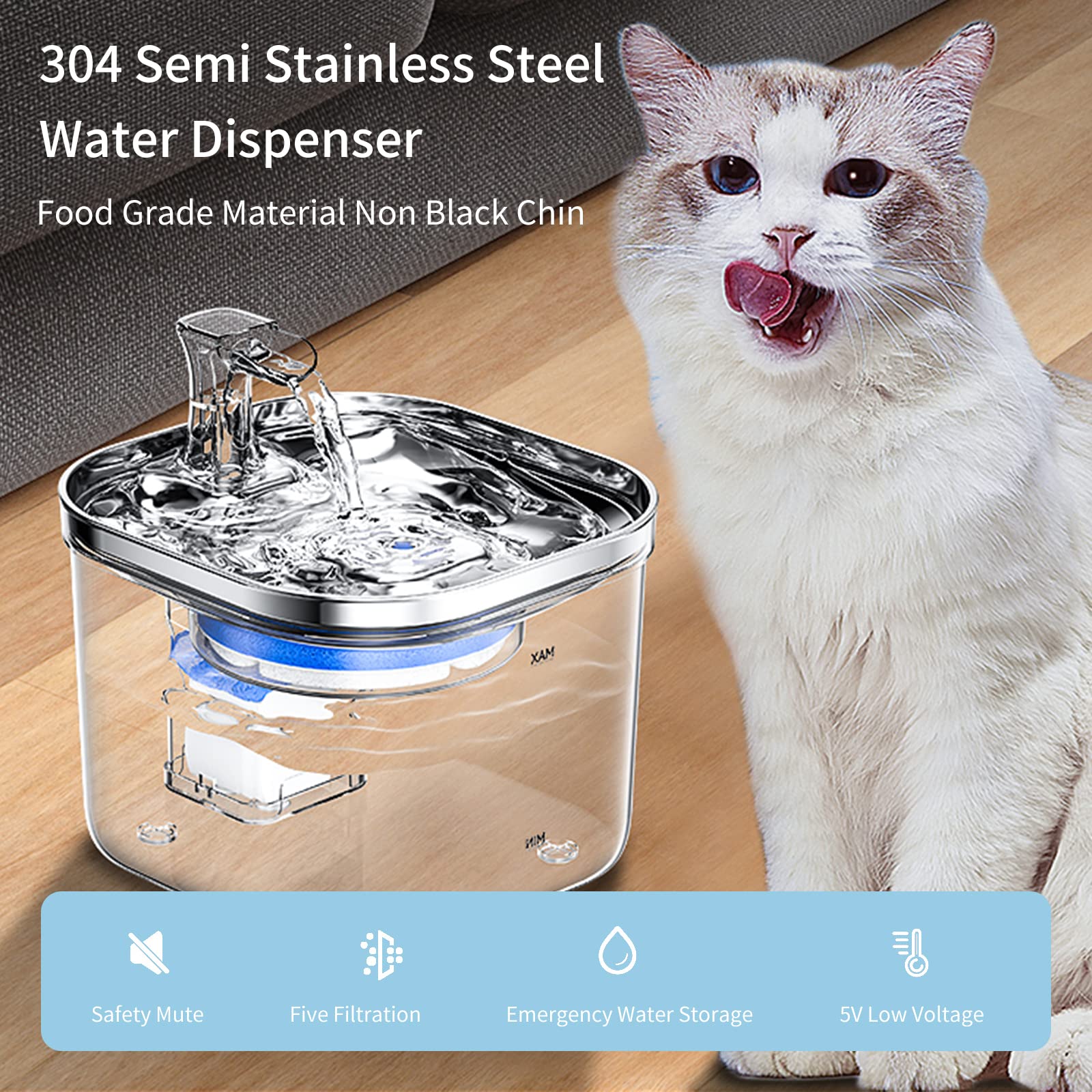 WF040 Fontana per Gatti con Induzione Intelligente 2L/67oz Fontanella per Animali Domestici in Acciaio Semi-Inossidabile Distributore d'Acqua Automatico con Pompa dell'Acqua Silenziosa per Cani