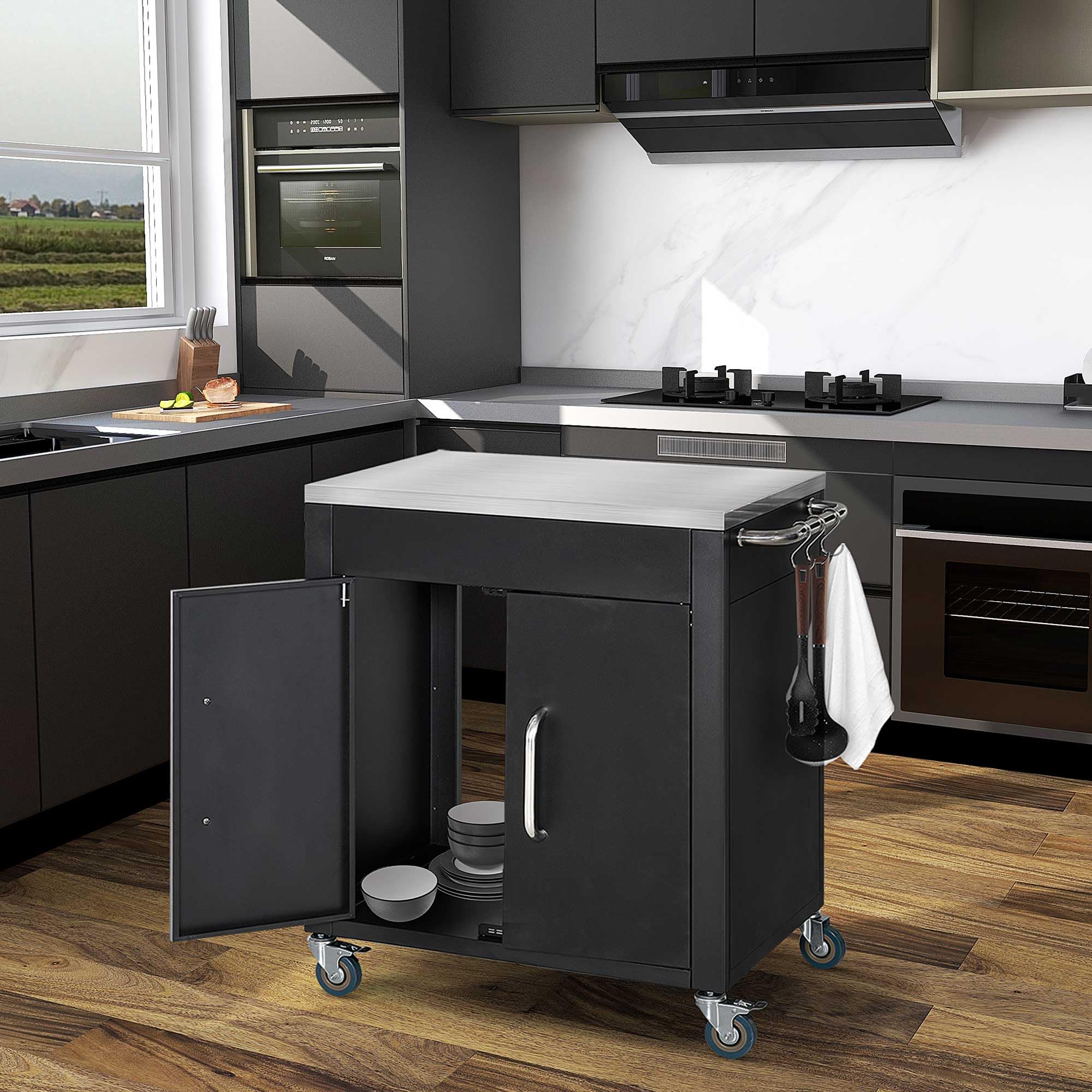 HOMCOM Carrello Barbecue con Piano in Acciaio Inox, Tavolo Cucina da Esterno con Ruote, Maniglia, 6 Ganci e Armadietto Contenitore, 86x50x86.5 cm, Nero