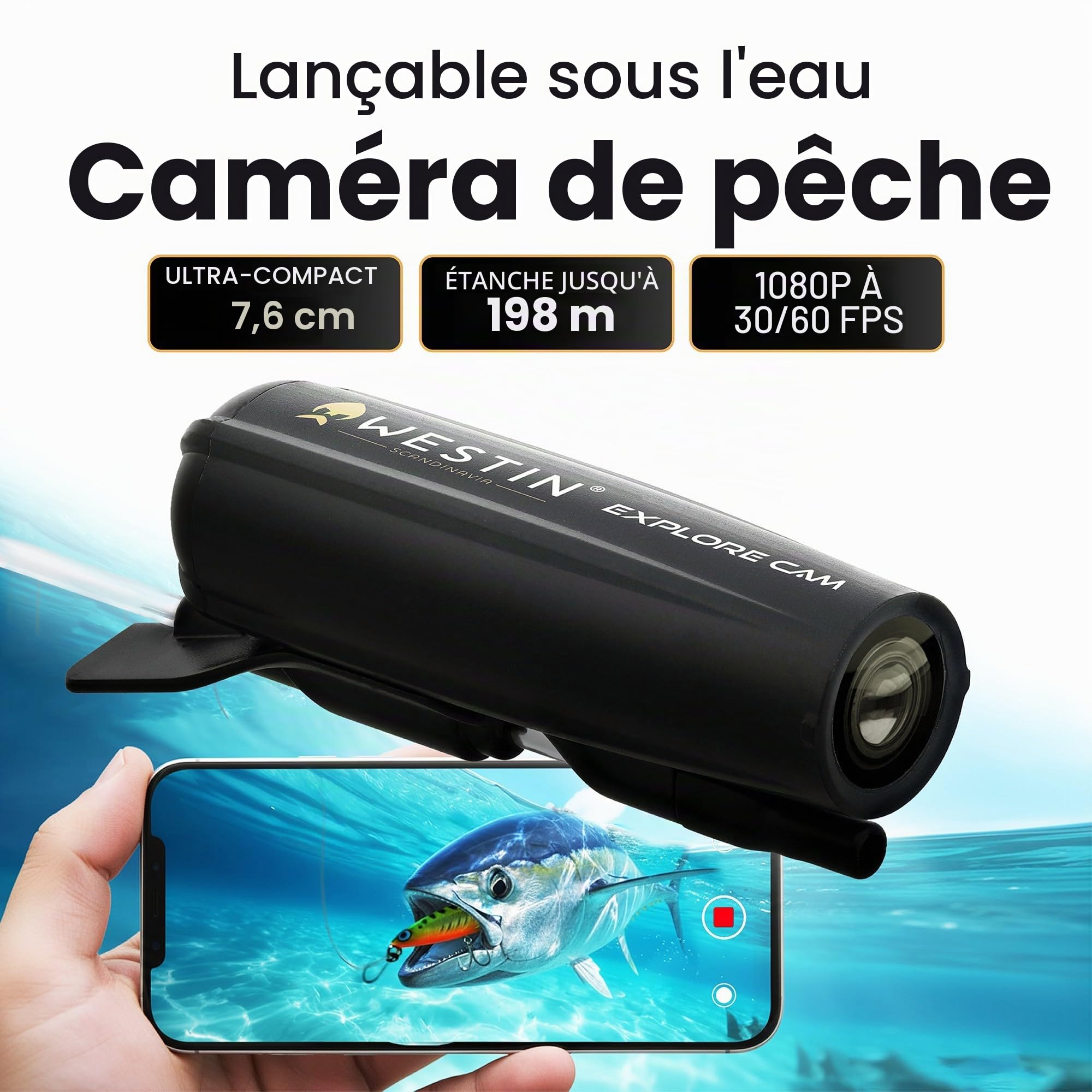 Westin Underwater Explore Camera 28 g – Accessoires de pêche pour la pêche à la Carpe, caméra de Trail avec Full HD 1080p, étanche 200 m, Couleurs Vives, Batterie 1 h 25 Min