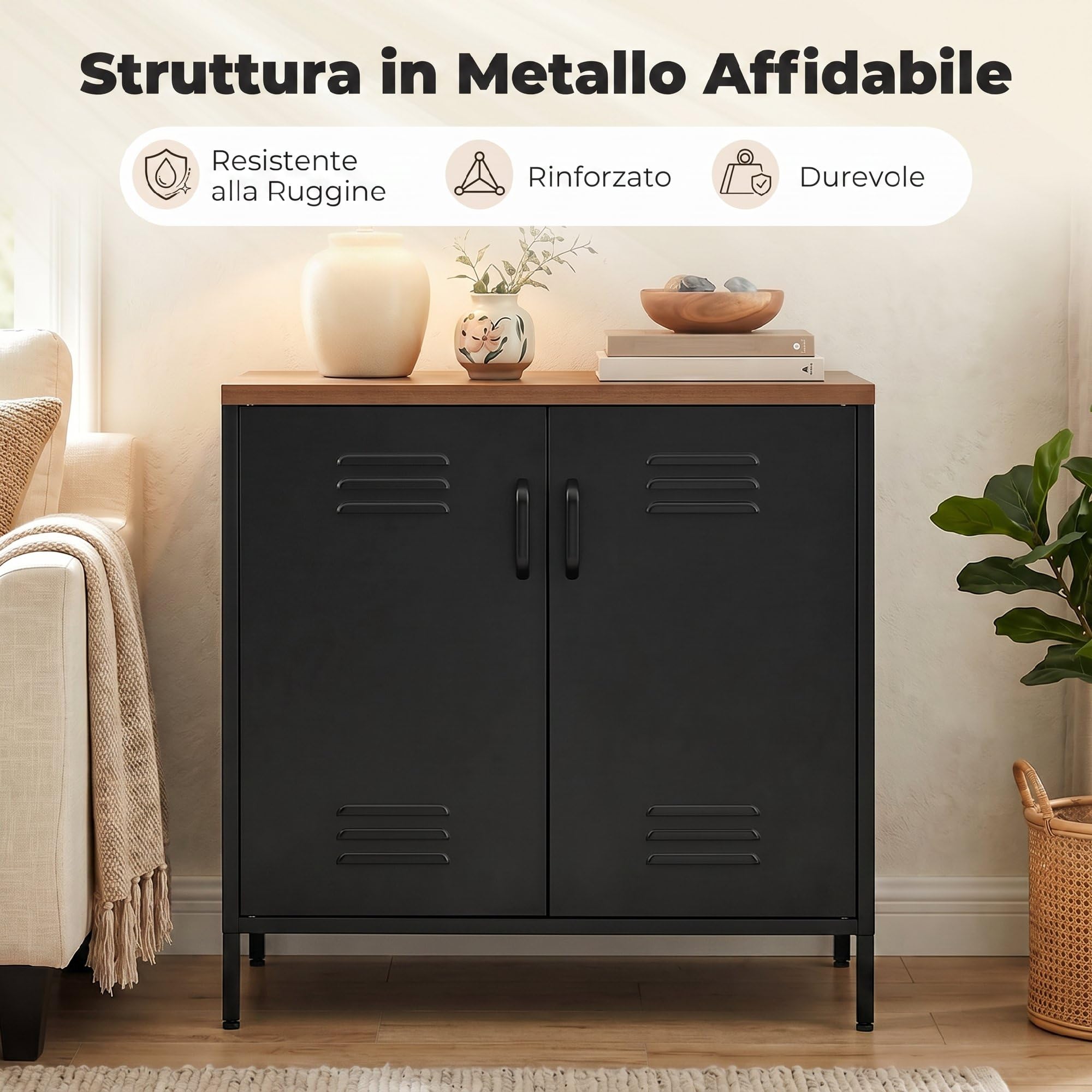 HOMCOM Credenza Cucina in Acciaio 80x40x80cm Nero e Marrone Effetto Legno