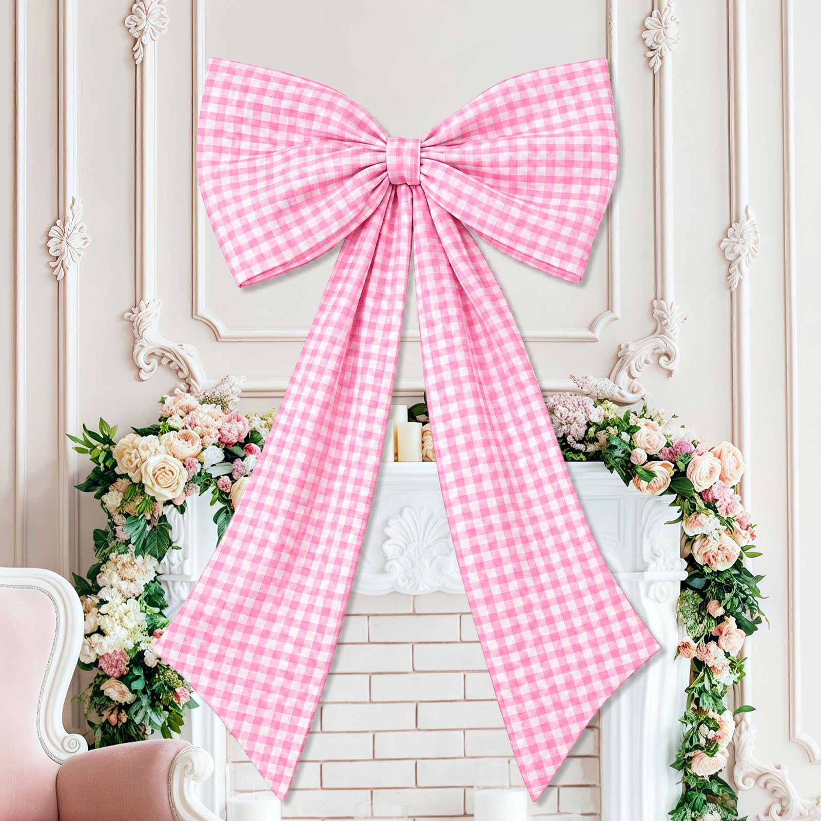 Large Bow Decor, Giant Bow Decoration Room Decor Accessories, Hanging Wall Decor for Wedding Christmas Birthday Baby Shower Party Supplies (Pink plaid)