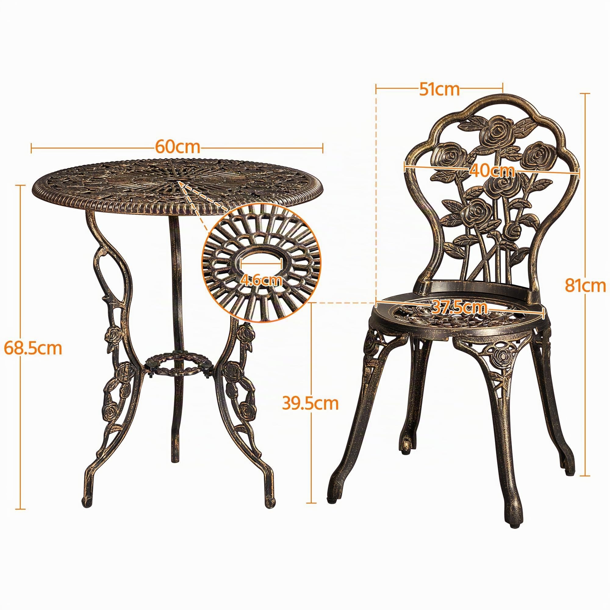 Yaheetech Set di Tavolo e Sedie da Giardino 3 Pezzi con 2 Sedie Bistrò Veranda Set Mobili Balcone Motivo a Rosa Vintage in Alluminio Bronzo