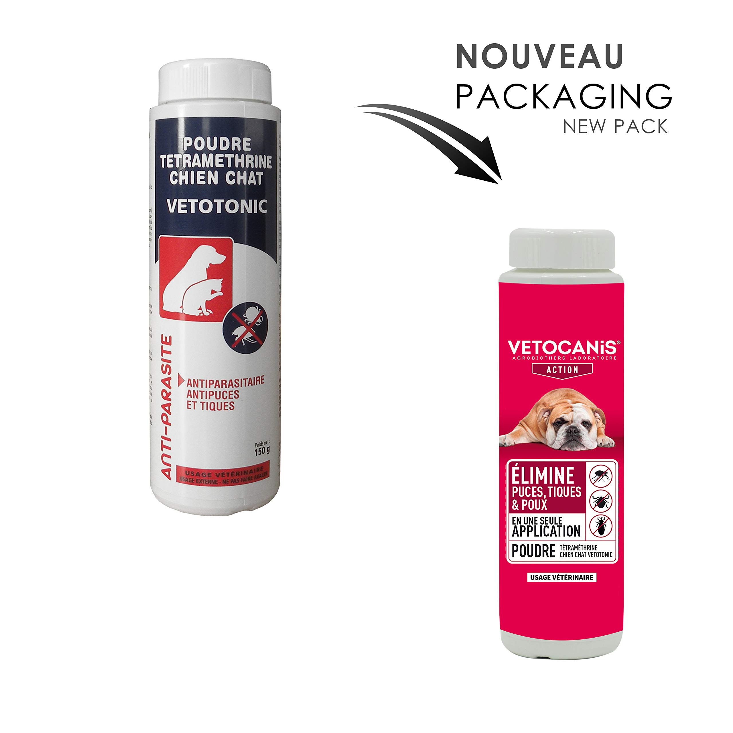 VETOCANIS Poudre Antiparasitaire pour Chien et Chat. Elimine Puces et Tiques en une application. Poudre Sans Rinçage. 150g
