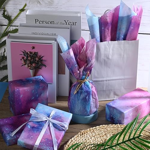 Miniatura 7 de 100 hojas de papel de seda degradado rosa y azul de 20 x 14 pulgadas, papel de seda turquesa pastel, papel de seda de galaxia de cielo estrellado