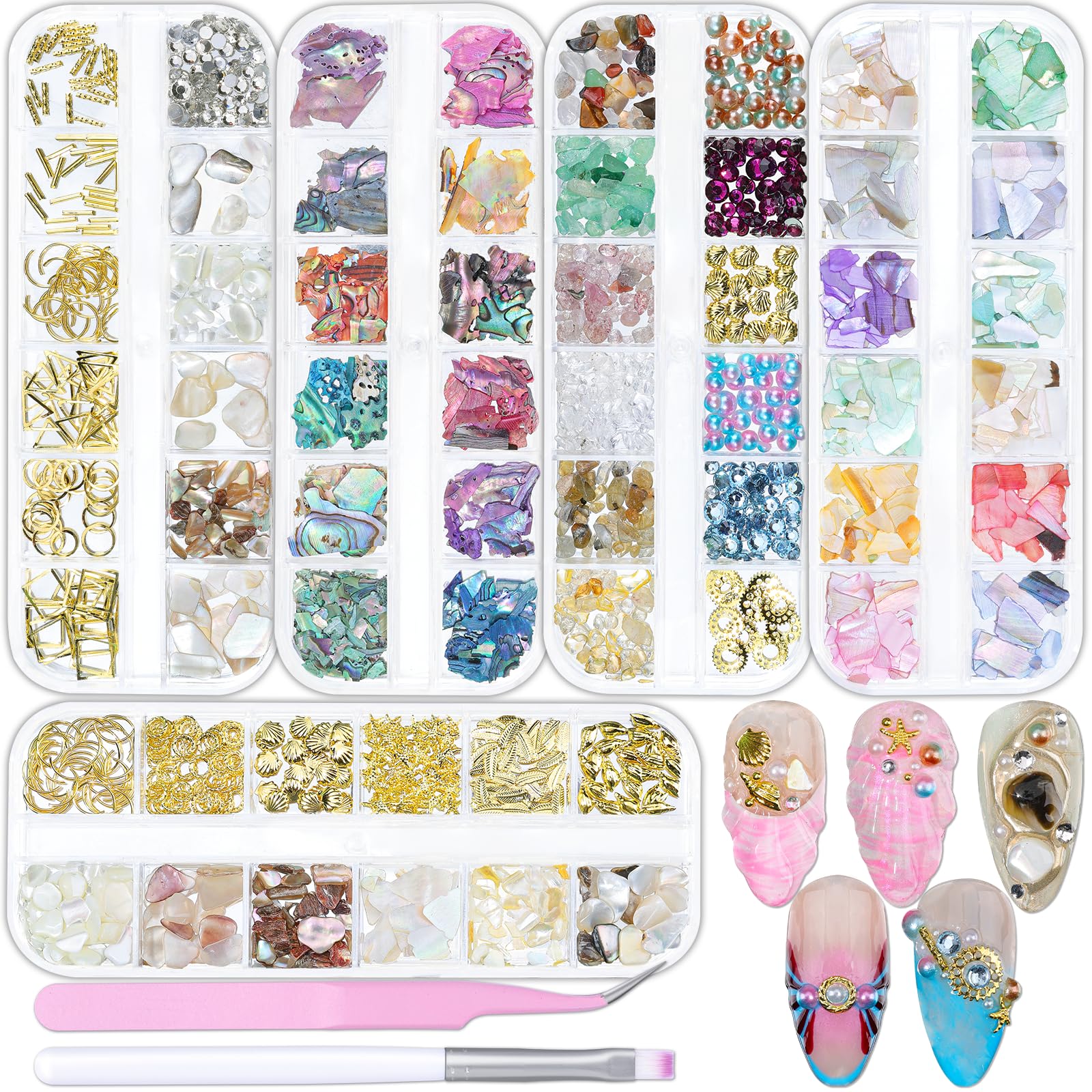 Seashell Nail Charms,5 Boxes 3D Nail Art Irregular Iridescent Natural-Ocean Nail Charms Crushed Sea Shell,Starfish with Flatback Pearls Beads Nail Charms Summer Beach DIY Designs 60 Grids