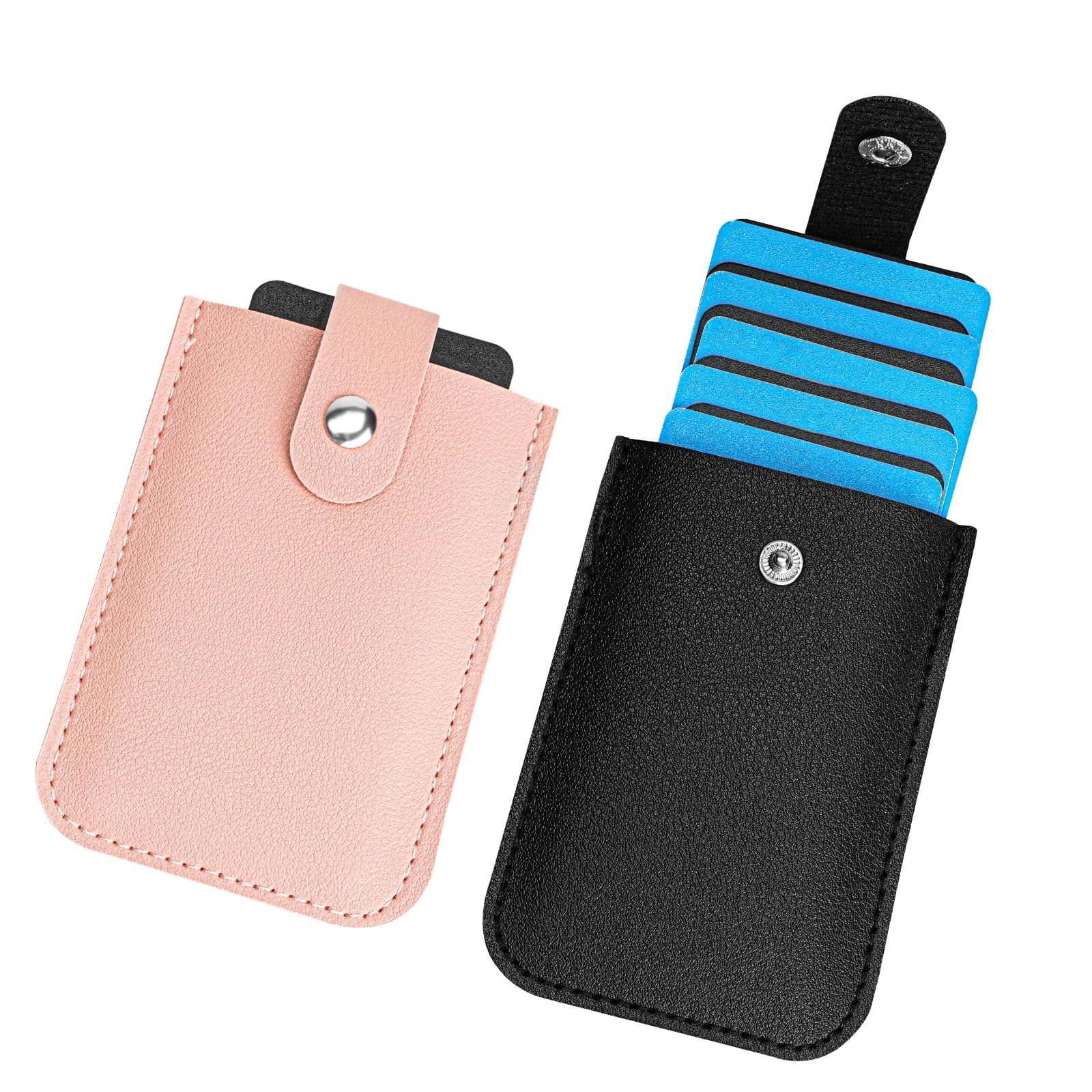 2 Pack Slim Minimalist Wallet, Leather Pull-Out Credit Card Holder, Hidden Small Card Wallet for Men and Women (Black & Pink)