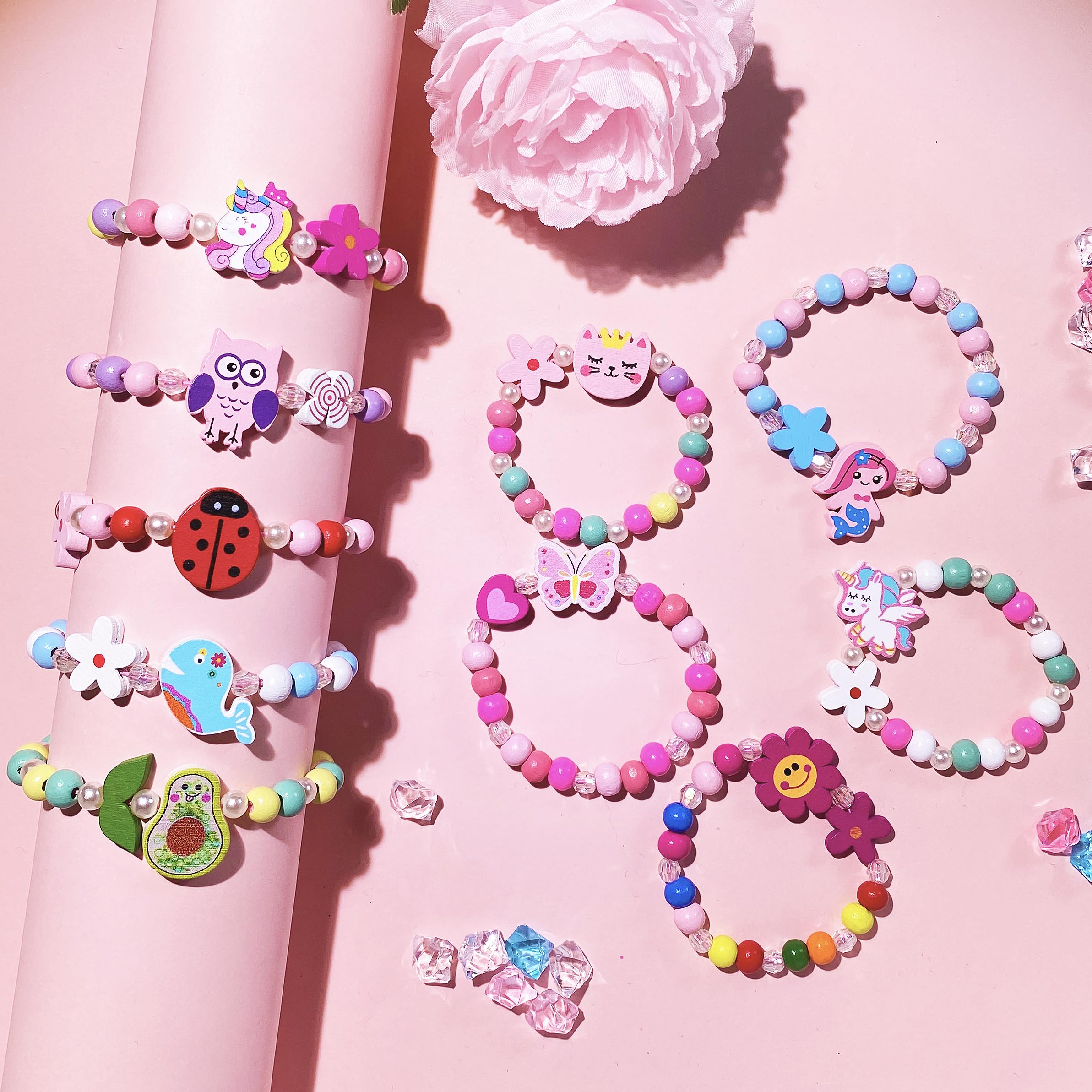 SIELEVIN 12 PCS Girls Bracelet for Kids Unicorn Mermaid Wooden Beaded Bracelets Birthday Party Favors Goodies Bag Stuffers Fillers Cute Pinata Stuffers Rainbow Butterfly Heart Jewelry Gifts