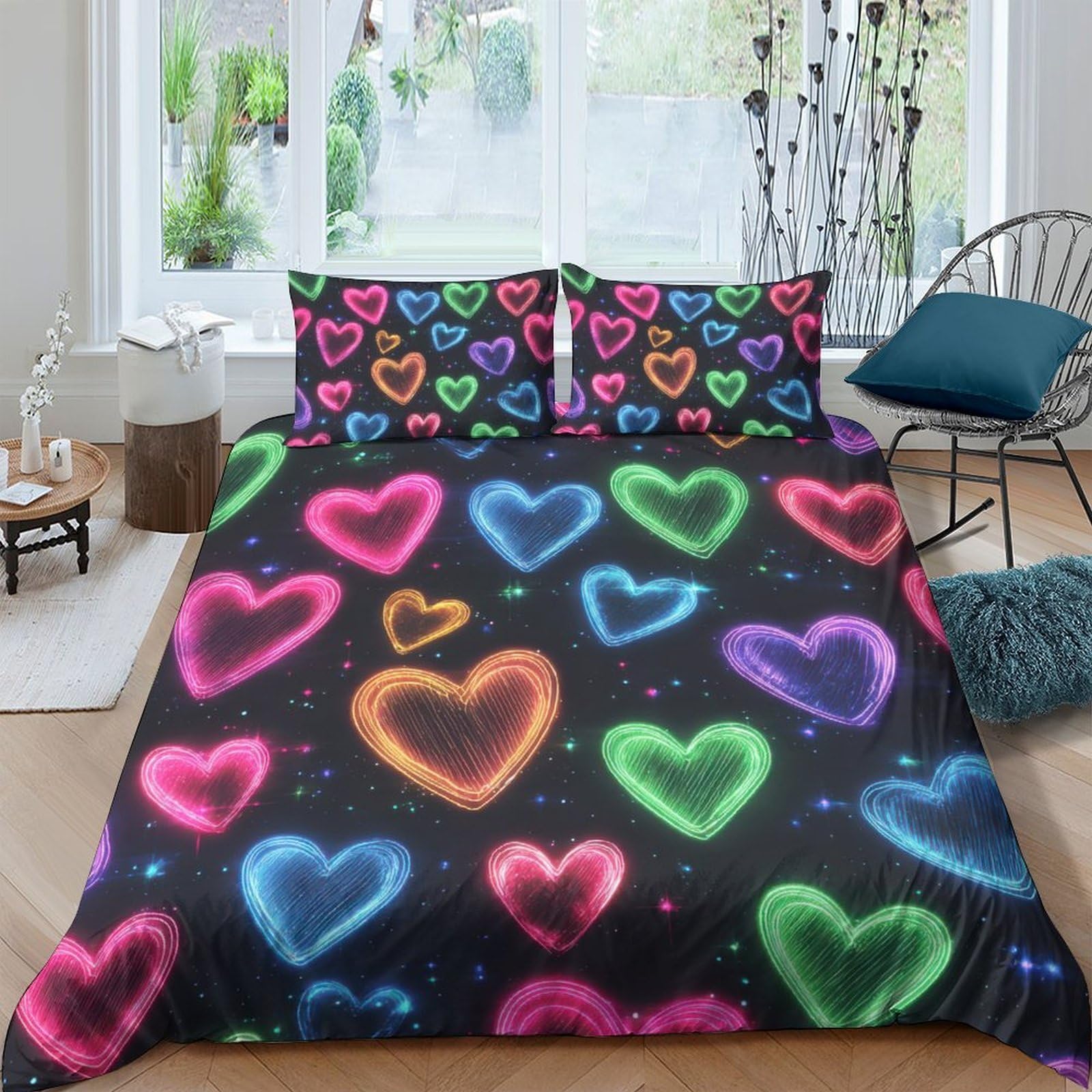 Ctjqhvkz Style-4 3D Printed Neon Heart Fitted Sheet Microfiber Soft Colourful Love Pattern Bed Cover For Bedroom Dorm Decor Single（135X200cm）